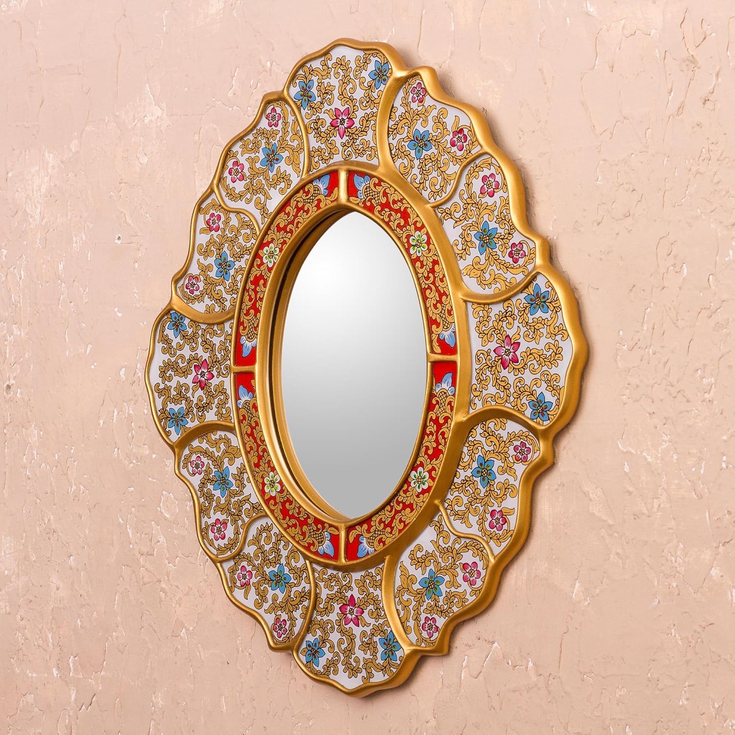 NOVICA Artisan Handmade Reversepainted Glass Wall Mirror White Gold Floral Tone Multicolor Wood Peru Decor Mirrors Frame 13.75in W x 15.75in H Mirror 7.75in W x 7.75in H ' Floral White'