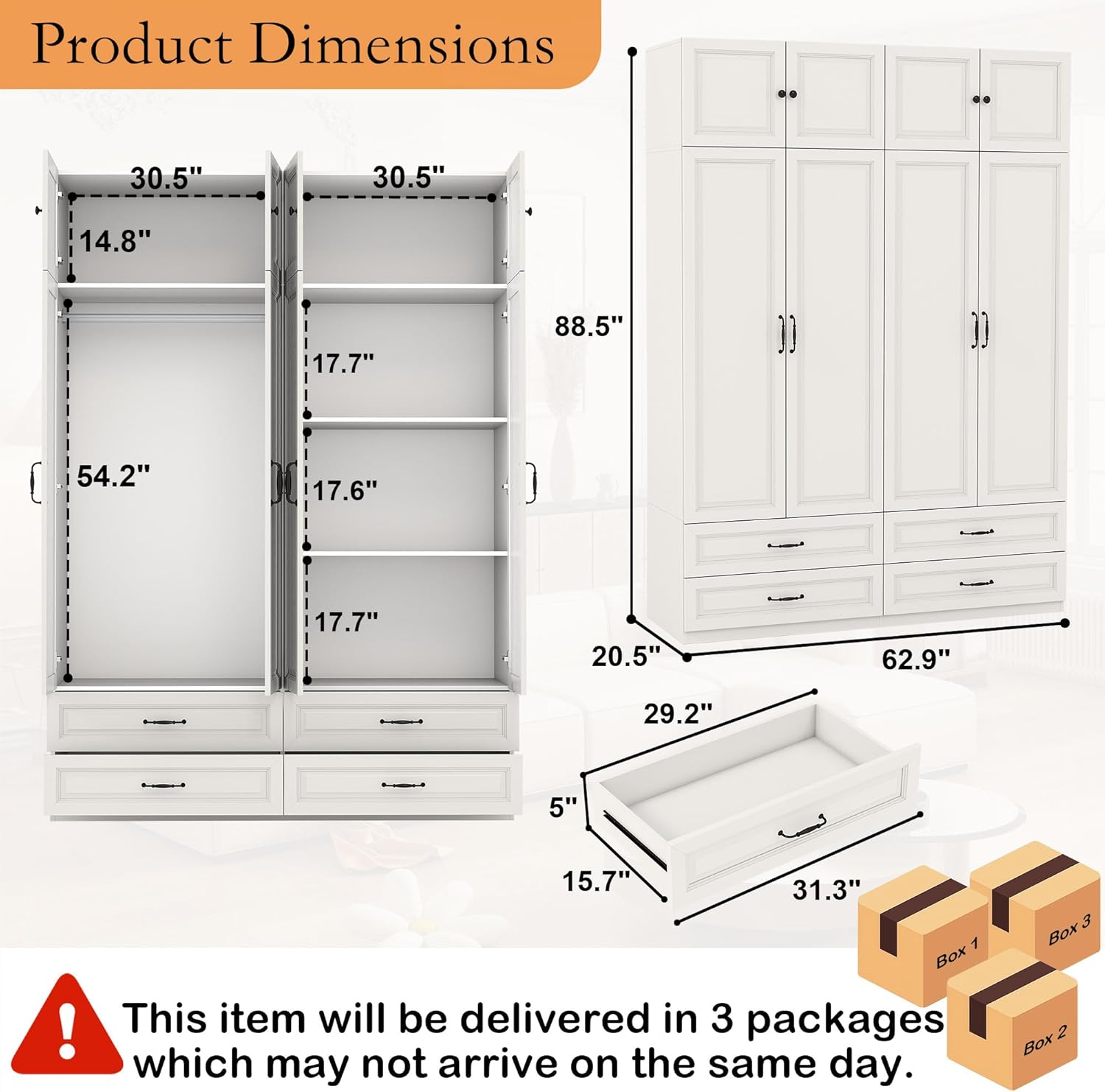 Armoire Wardrobe Closet with Drawers: 63