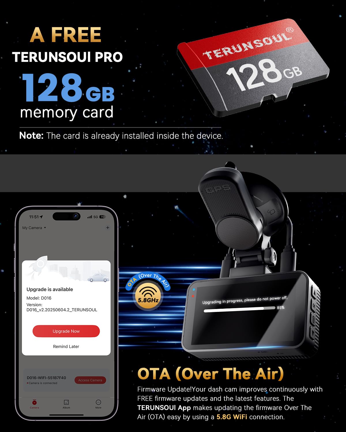 TERUNSOUL 4K Dash Cam Front & Rear with GPS, 128GB Card