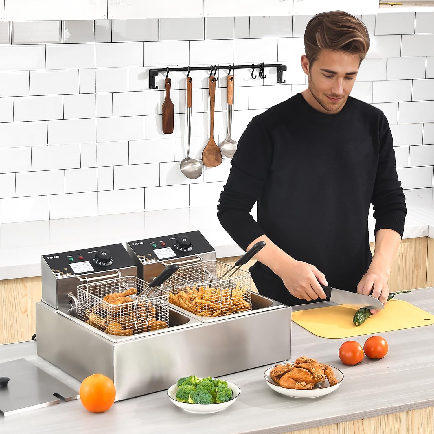 Electric Deep Fryer 17.2L/18.2QT Stainless Steel Dual Tank Commercial Fryer with Basket, 3400W 110V Countertop Deep Fryer for Home Kitchen and Restaurant Use with Oil Thermometer & Temperature Control
