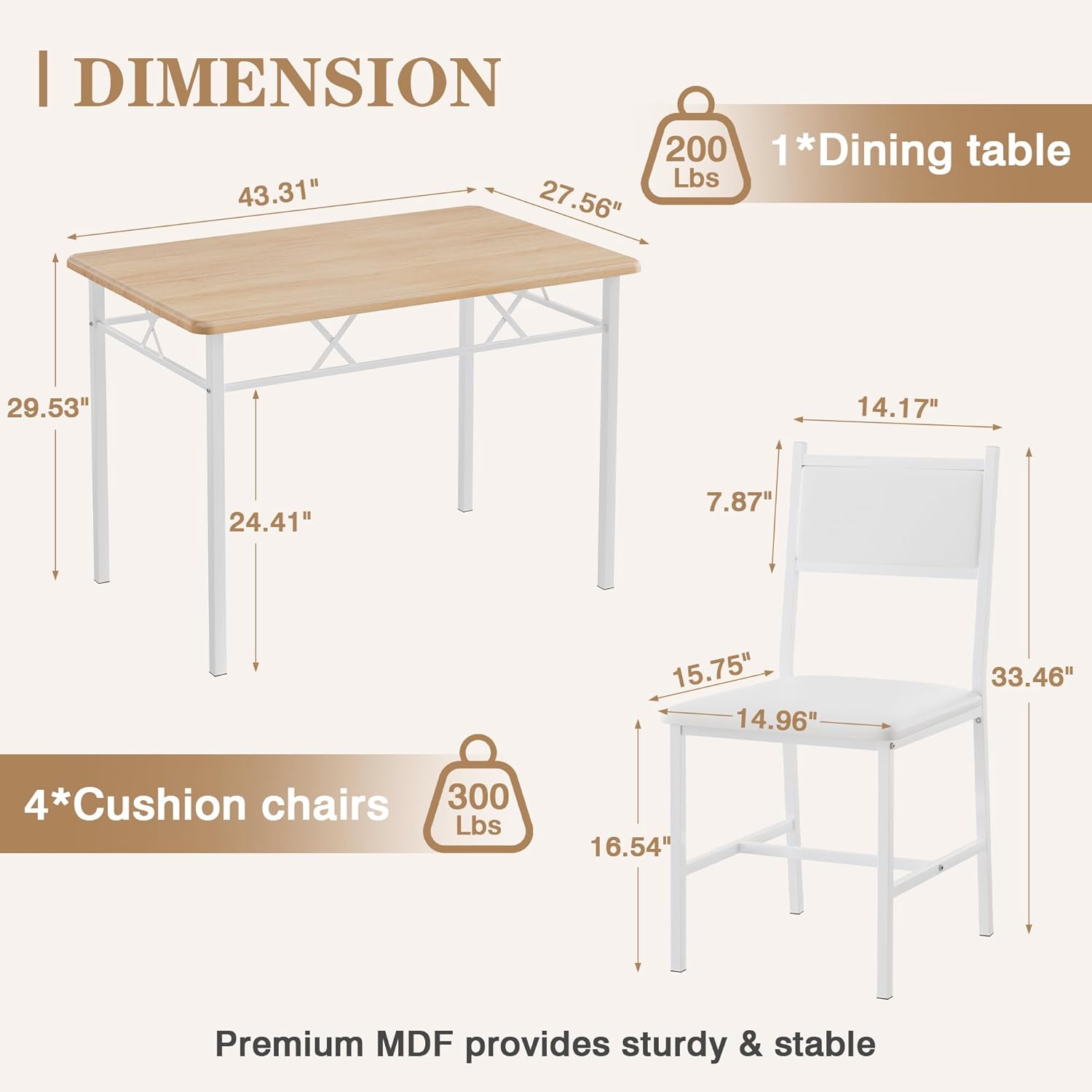 VECELO Dining Table Set for 4 with Chairs, 5-Piece Kitchen Table and Upholstered Padded Chairs Set for Small Space, Dining Room, Apartment, Natural White