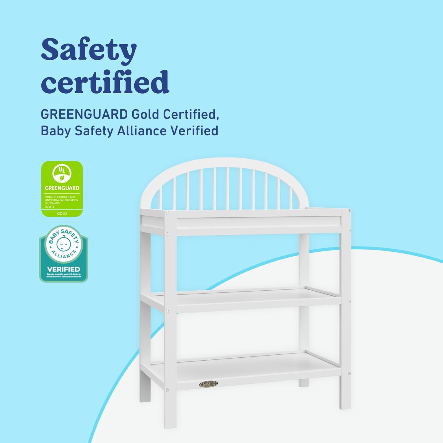 Graco Olivia Changing Table with Water-Resistant Changing Pad (White) - GREENGUARD Gold Certified, Includes Bonus Water-Resistant Changing Pad with Safety Strap, 2 Open Shelves, Stylish Design