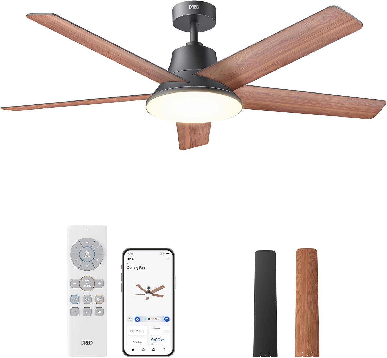 DREO Smart Ceiling Fan with Lights, 52 Inch, 12 Speeds & 3 Fan Modes, Stepless Color Tones, Dimmable LED Light, 12H Timer, Quiet DC Motor, Remote/APP/Alexa Control, Black Ceiling Fans Indoor