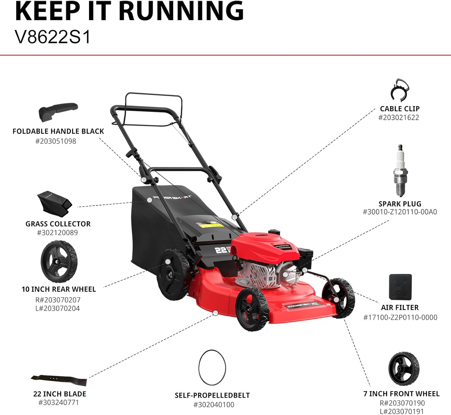 PowerSmart Self Propelled Gas Lawn Mower, 22 in. 170cc OHV Engine 2-in-1 Rear Wheel Drive, High Wheels, 6-Position Height Adjustment
