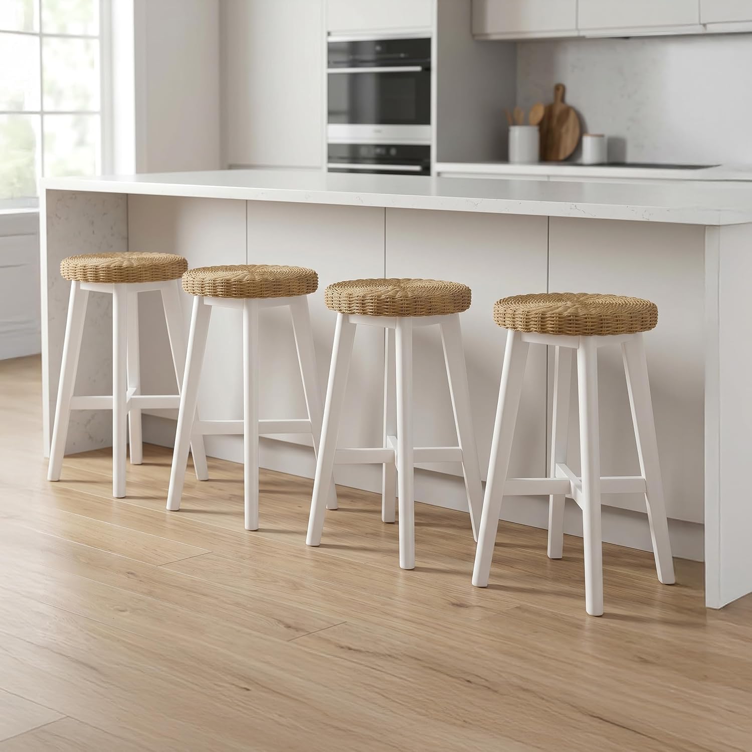 Alaterre Furniture Calais Round Bar Stool with Woven Seat Set of 4-24in Counter Height Bar Stools for Kitchen Island, Home Bar, or Dining Room - Round Backless Bar Stools (White)