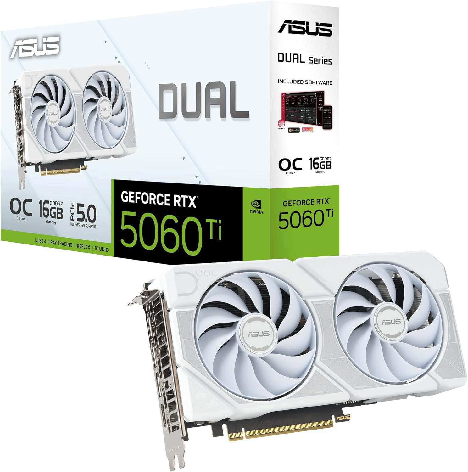 ASUS Dual GeForce RTX 5060 Ti, Nvidia, Graphics Card - 16GB GDDR7 White OC Edition (PCIe 5.0, DLSS 4, HDMI 2.1b, DisplayPort 2.1b, 2.5-Slot, Axial-tech Fan, 0dB Technology, and More)
