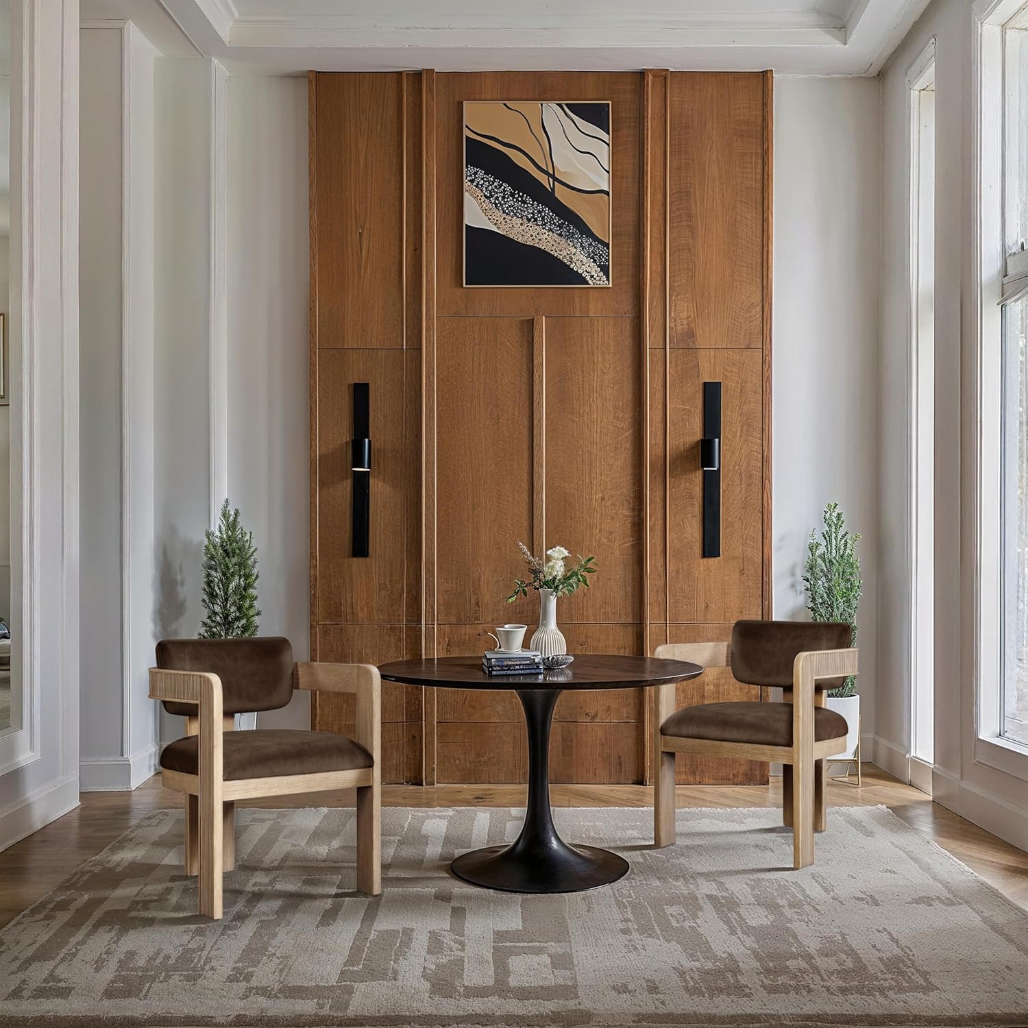 Meridian Furniture 11094Brown-C Sacha Collection Art Deco Dining Chair, Ultra Luxe Brown Velvet, 460 GSM Velvet, Solid Fluted Wood Natural Finish, 22.5