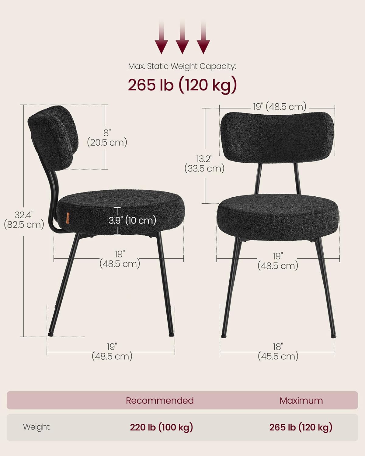 VASAGLE Boucle Dining Chairs Set of 6, Upholstered Kitchen Dining Room Chairs with Curved Backrest and Steel Frame, Modern Mid Century, Round, for Vanity, Living Room, Ink Black UKDC110B16
