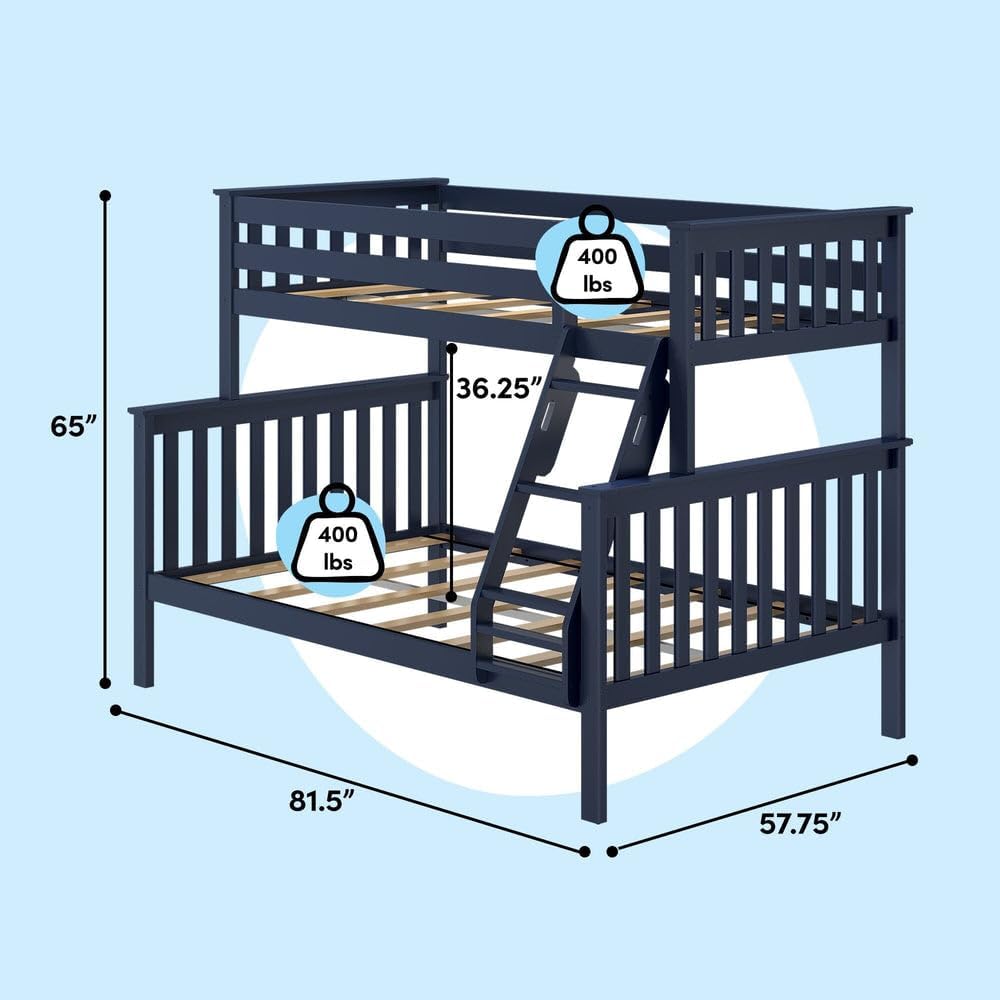Max & Lily Bunk Bed Twin Over Full Size with Ladder, Solid Wood Platform Bed Frame with Ladder for Kids, 14