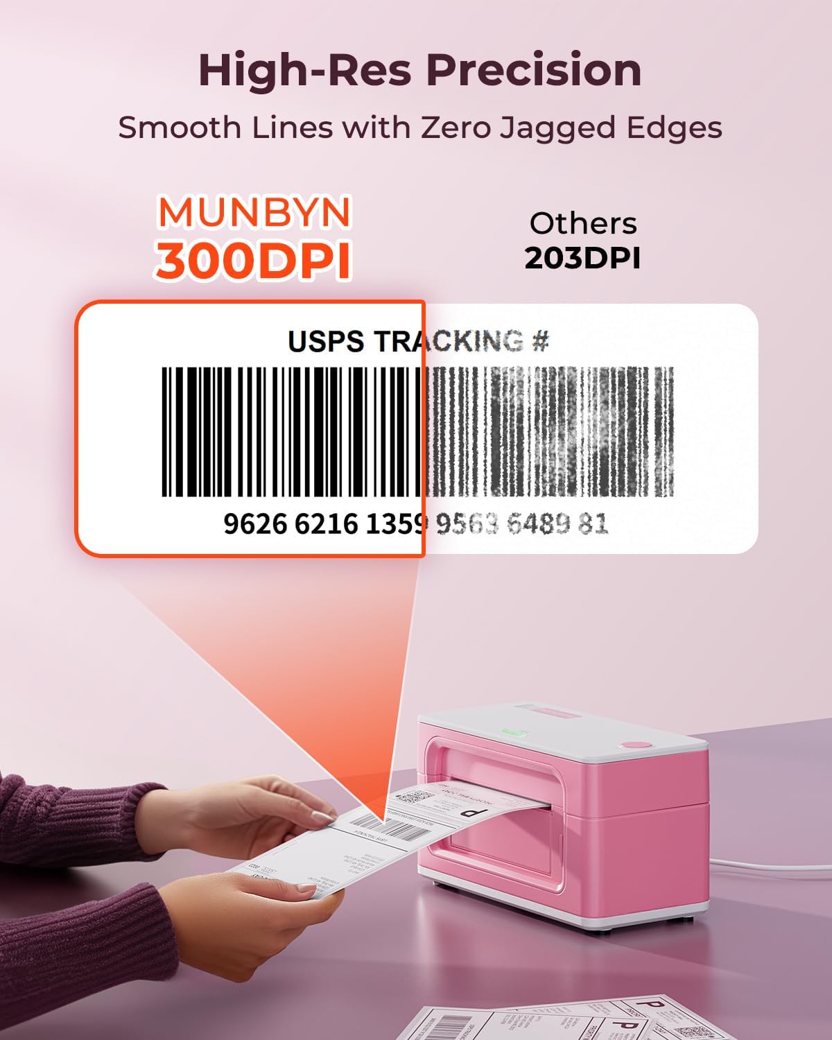 MUNBYN Bluetooth Thermal Label Printer 941BP, Wireless 300DPI 4x6 Shipping Label Printer for Small Business, Compatible with Windows, Mac, iPhone, Android, PC, Amazon, Shopify, Etsy, USPS (Pink)