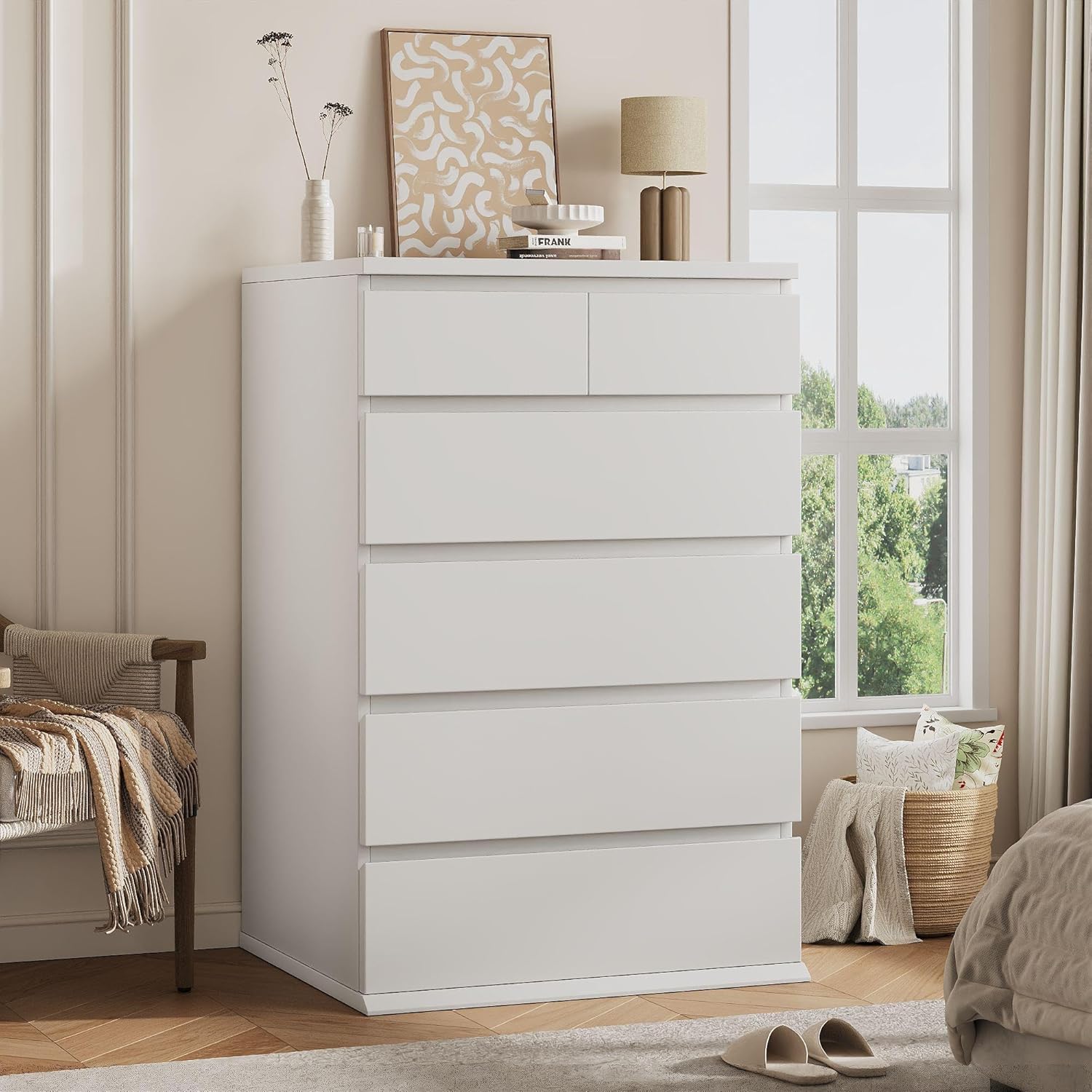 Jocoevol White Tall 6 Drawer Dresser for Bedroom,Dressers & Chests of Drawers with Jewelry Storage,Wood Storage Dresser with Deep Drawers for Living Room Hallway Entryway(40.75
