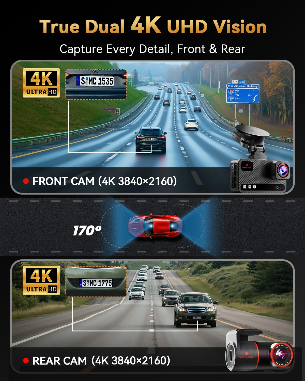 TERUNSOUL 4K Dash Cam Front & Rear with GPS, 128GB Card
