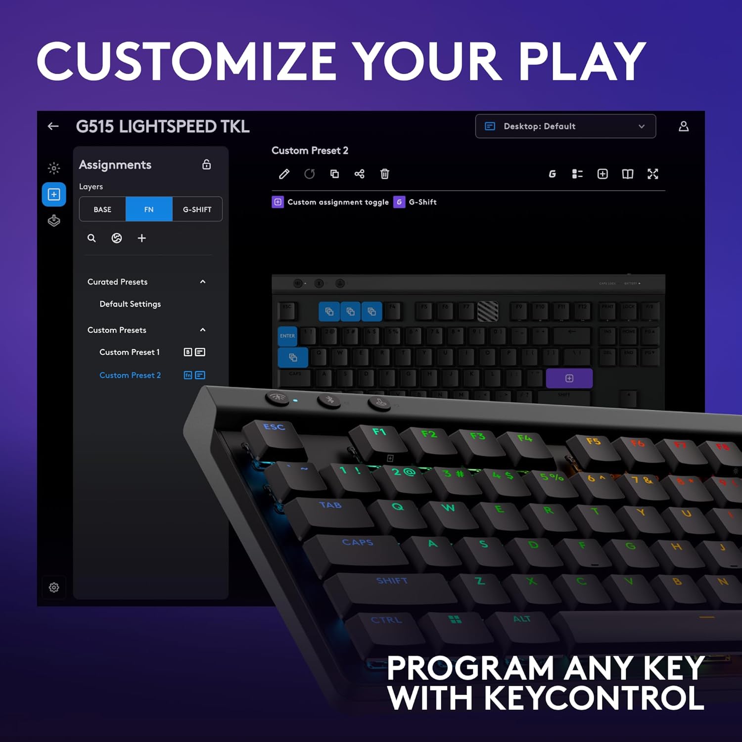 Logitech G515 Lightspeed TKL Low Profile Wireless Gaming Keyboard, LIGHTSYNC RGB, Thin Tenkeyless Design, PBT Keycaps, Tactile (Brown) Mechanical Switches - Black