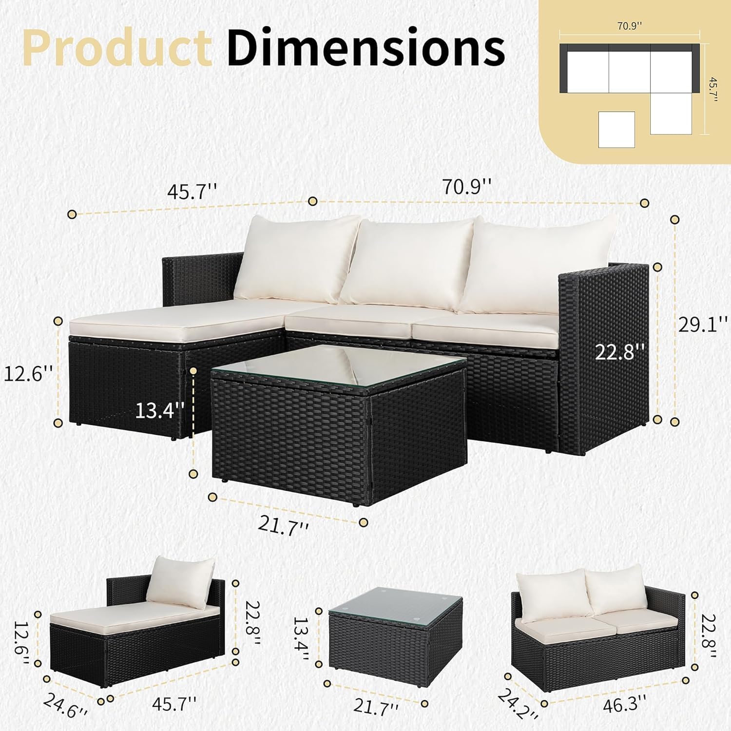 JAMFLY Patio Furniture Sets, 4-Piece Outdoor Patio Furniture with 43'' Propane Gas Fire Pit Table, Wicker Outdoor Conversation Set Sectional Sofa for Backyard, Poolside, Garden(Beige Cushion)