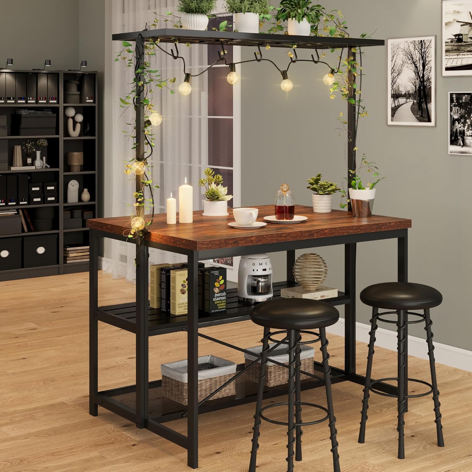 GarveeHome Kitchen Island with Storage, 42''Island Table for Kitchen with Seating Bakers Rack Microwave Oven Stand Shelf with 3 Tier Storage Shelf for Dining Room Living Room, 5 Hooks 42