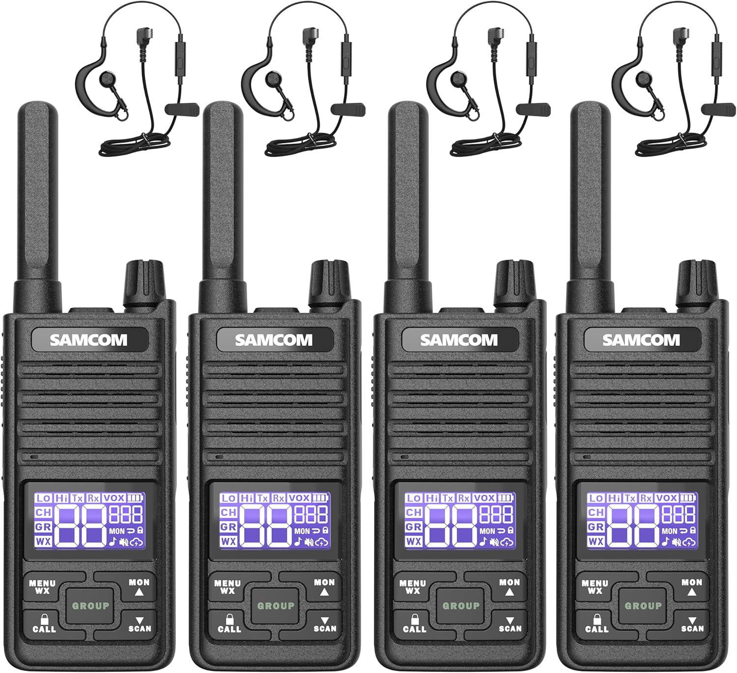 SAMCOM T2 GMRS Radio 2W Long Range Walkie Talkie NOAA Weather Rechargeable Heavy Duty Two Way Radio,Group Call Radios Walkie-talkies with Earpiece, USB-C Charger, Flashlight,4 Packs