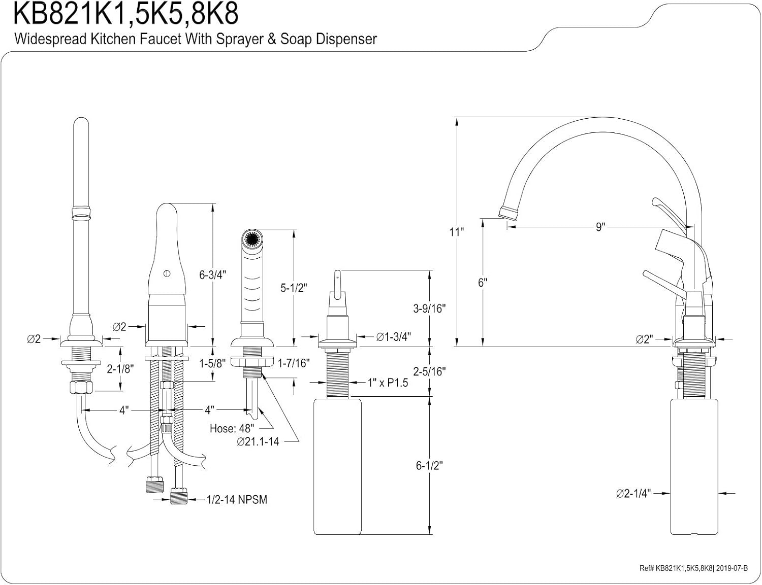 Kingston Brass KB828K8 Chatham single Lever Handle Kitchen Faucet with Sprayer & Soap Dispenser, Brushed Nickel, 9