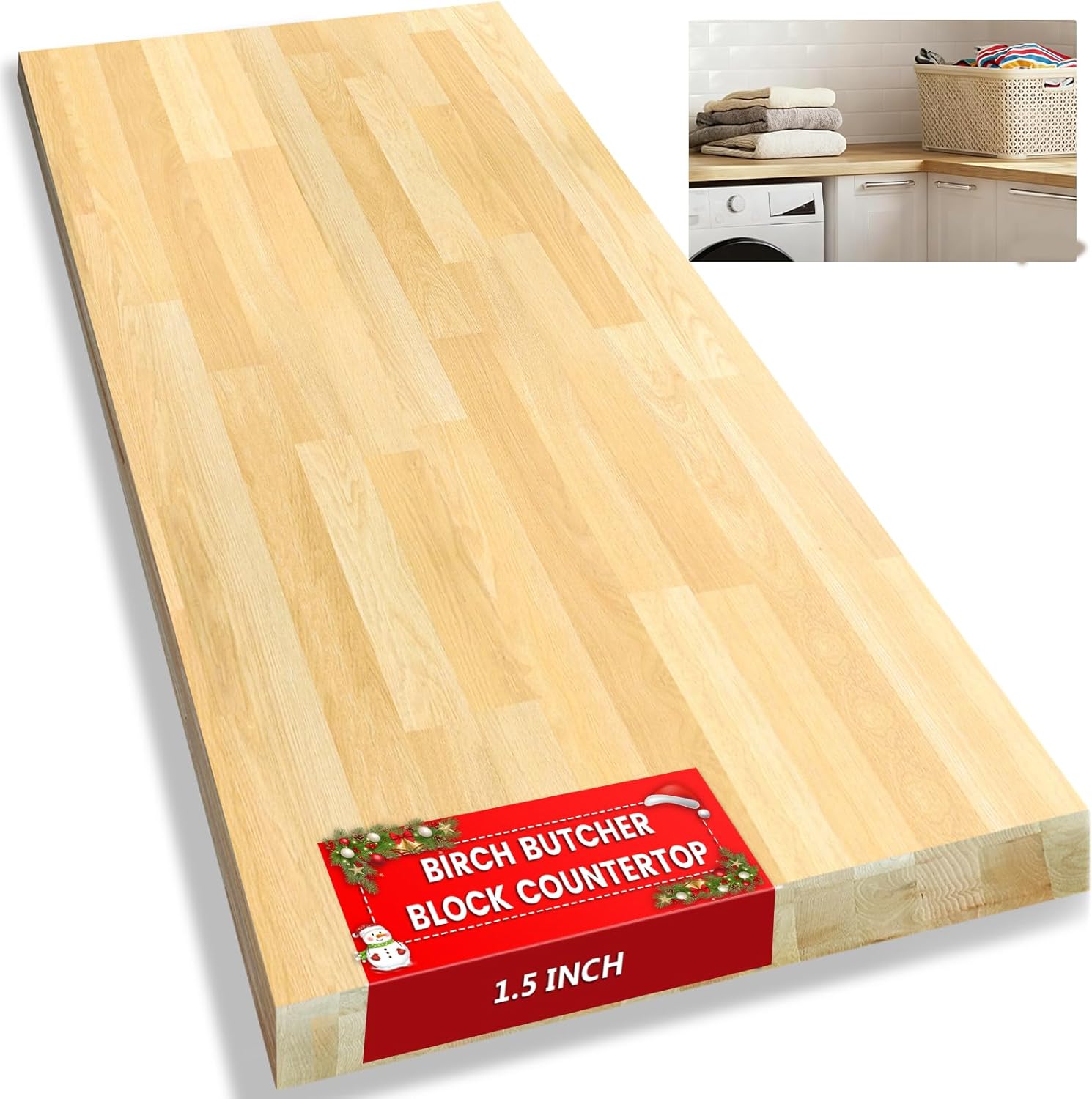 Butcher Block Countertop, Solid Wood Table Top - 3.5ft Unfinished Birch Work Bench Top Cut to Size for DIY Desktop/Washer Counter/Office Desk/Kitchen Island/Living and Dining Room Tables 42x25x1.5in