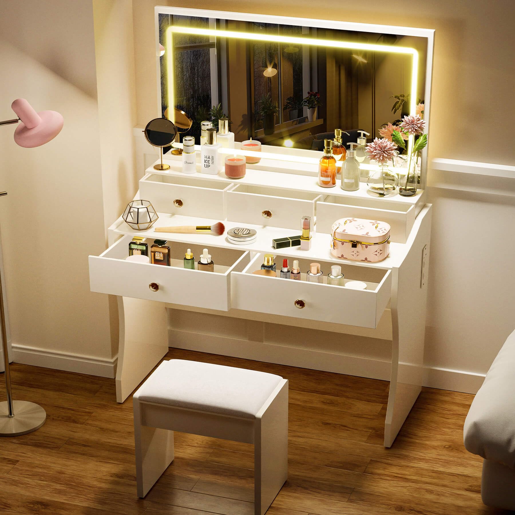 COMHOMA Makeup Vanity Desk with LED Mirror & Chair Set