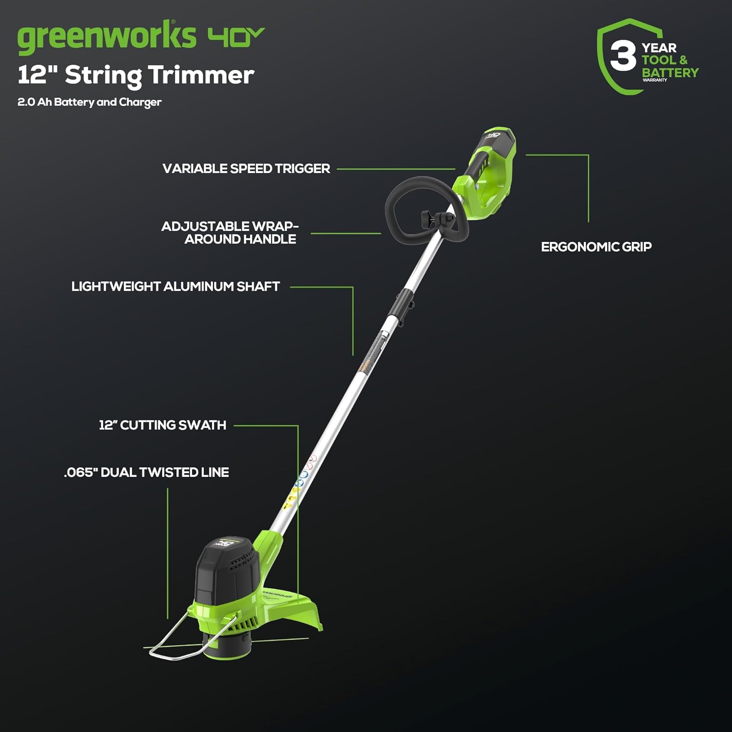 Greenworks 40V Cordless Yard Tool Combo Kit with 2.0Ah Battery & Charger – 12