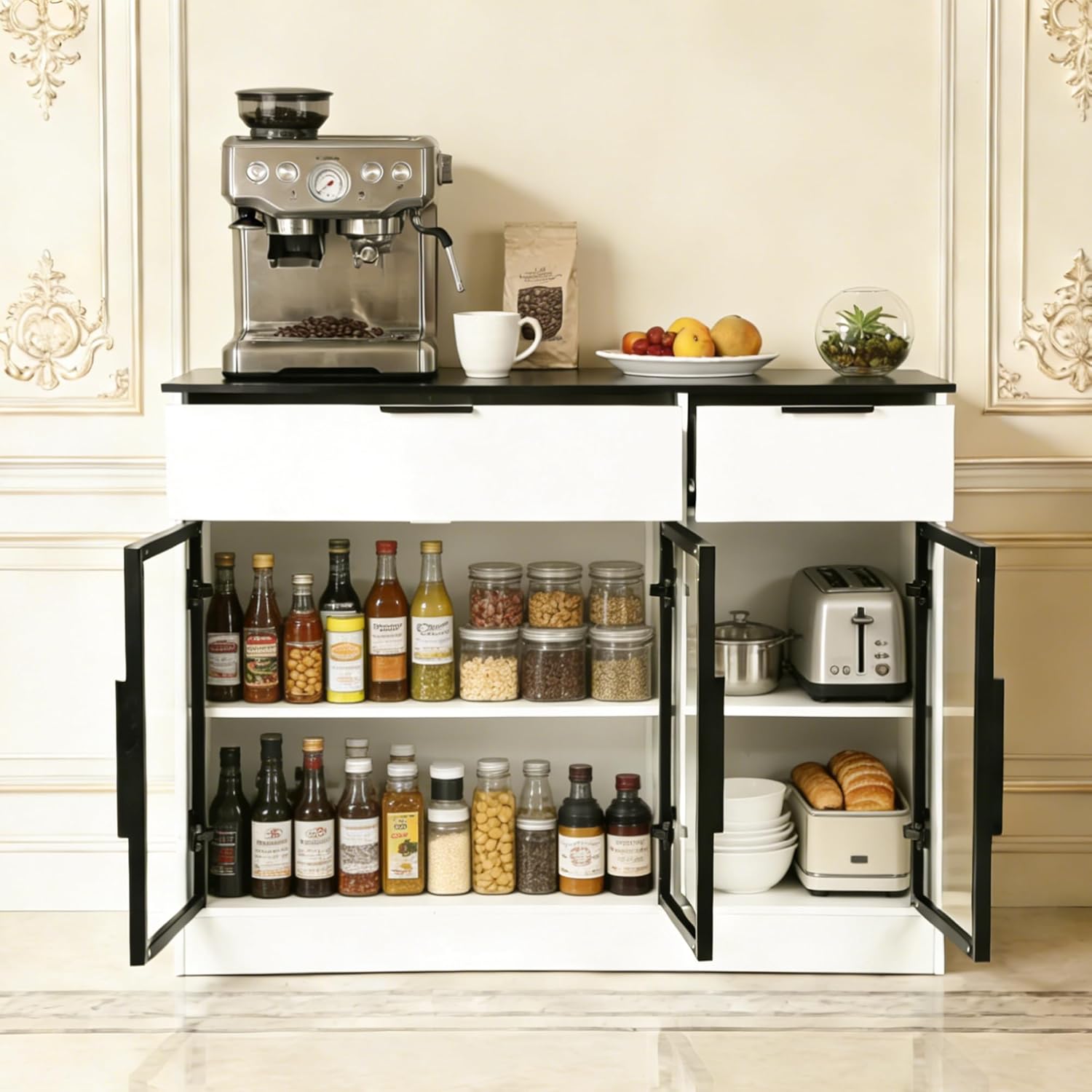 Buffet Cabinet with Drawers, Buffet Storage Cabinet with Transparent Glass Doors, Kitchen Supplies Storage Cabinet, Wooden Coffee Bar Table for Dining Room,Living Room Entrance, White