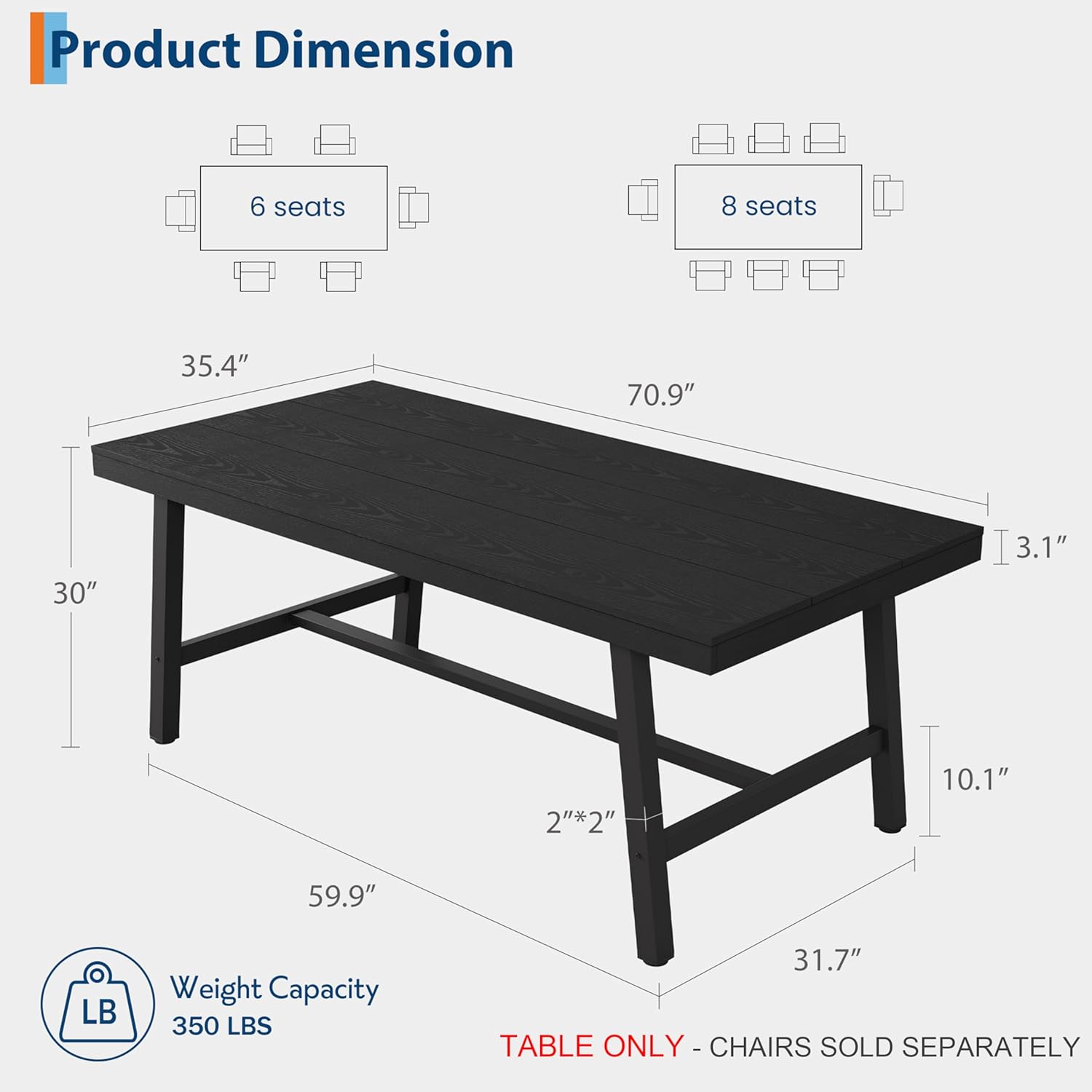 GarveeHome Industrial Dining Table for 6-8 People, 70.87