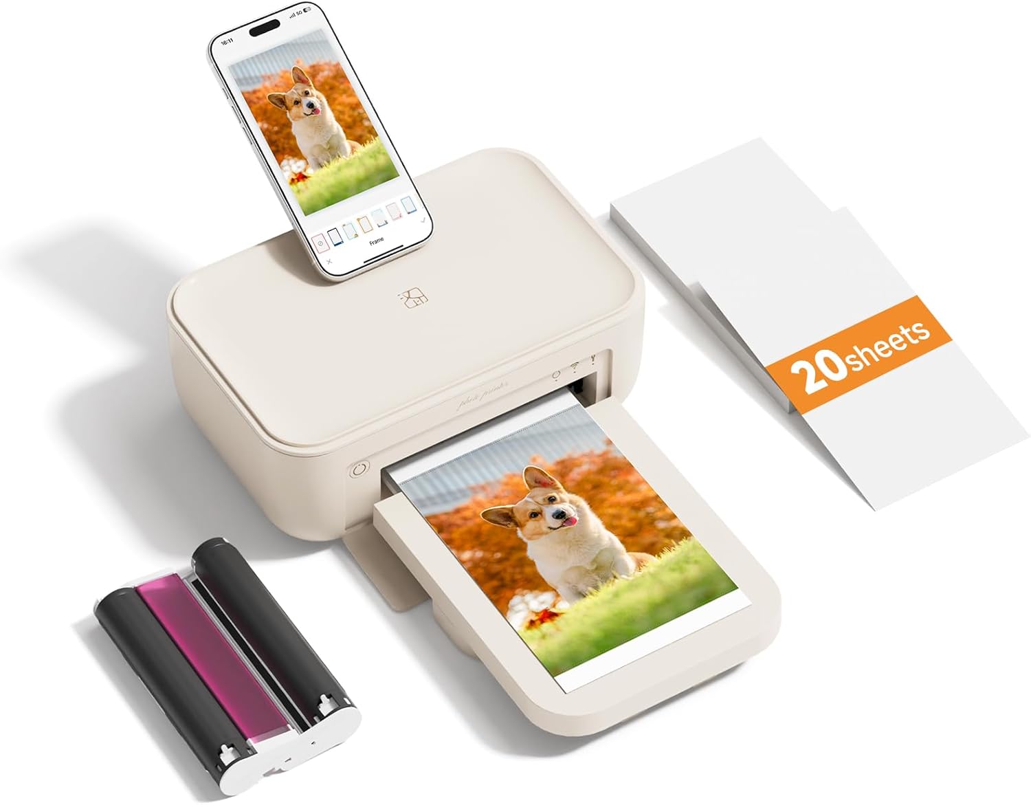 HPRT 4x6 Photo Printer, Full-Color Thermal Thermal Sublimation Wi-Fi Printing, Portable Instant Picture Printer for iPhone/Android, AR Video, Fun App, Home Use, Beige+20 Sheets Photo Paper & 1 Ribbons
