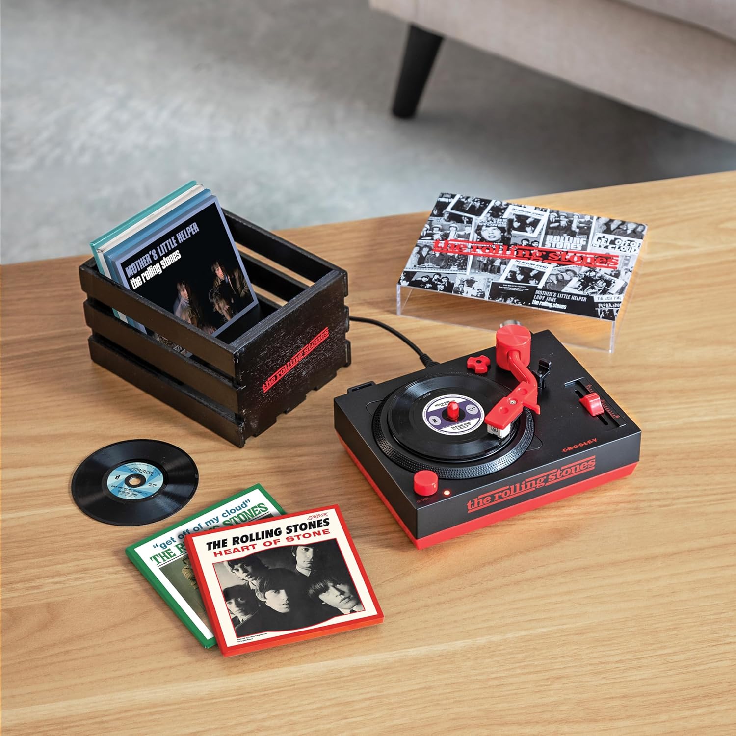 Crosley CR6037BT-RS Rolling Stones RSD3 Mini Turntable with Crate and Six 3-Inch Singles