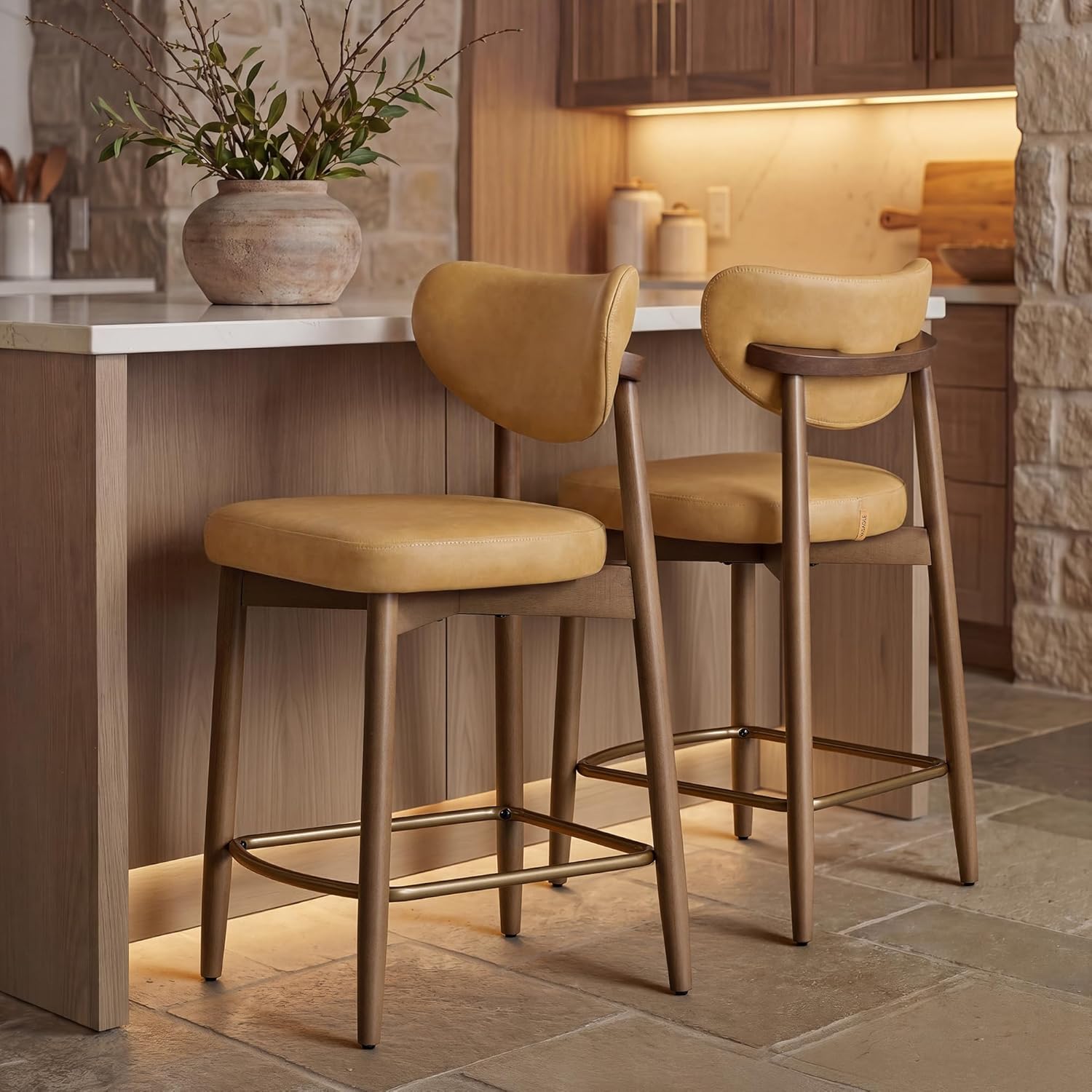 VASAGLE Wooden Bar Stools Set of 2, Upholstered Counter Height Barstools with Solid Wood Legs, Ergonomic Backrest, Mid Century Modern, for Kitchen Island, Synthetic Leather, Caramel Brown