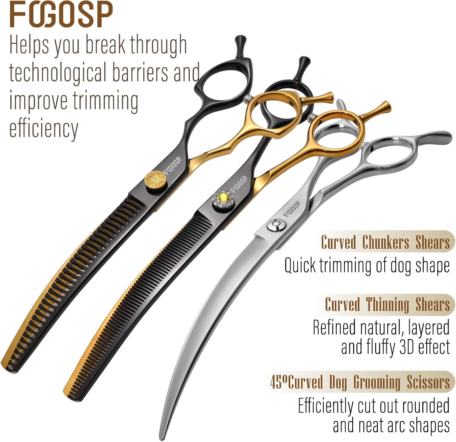45°Curved Dog Grooming Scissors Curved Thinning Shears Curved Chunkers Dog Shears 3Pcs Combo (Black Gold)