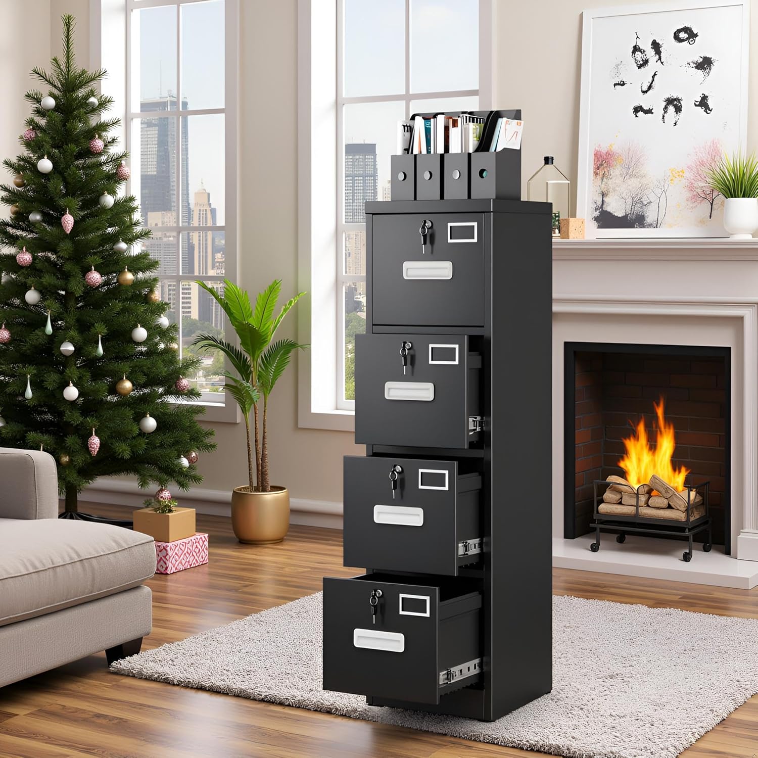 SUXXAN 4 Drawer File Cabinet with Lock and Name Card Slots, Heavy Duty Metal Vertical Filing Cabinet for Home Office for Letter/Legal/A4 Size, 17.72