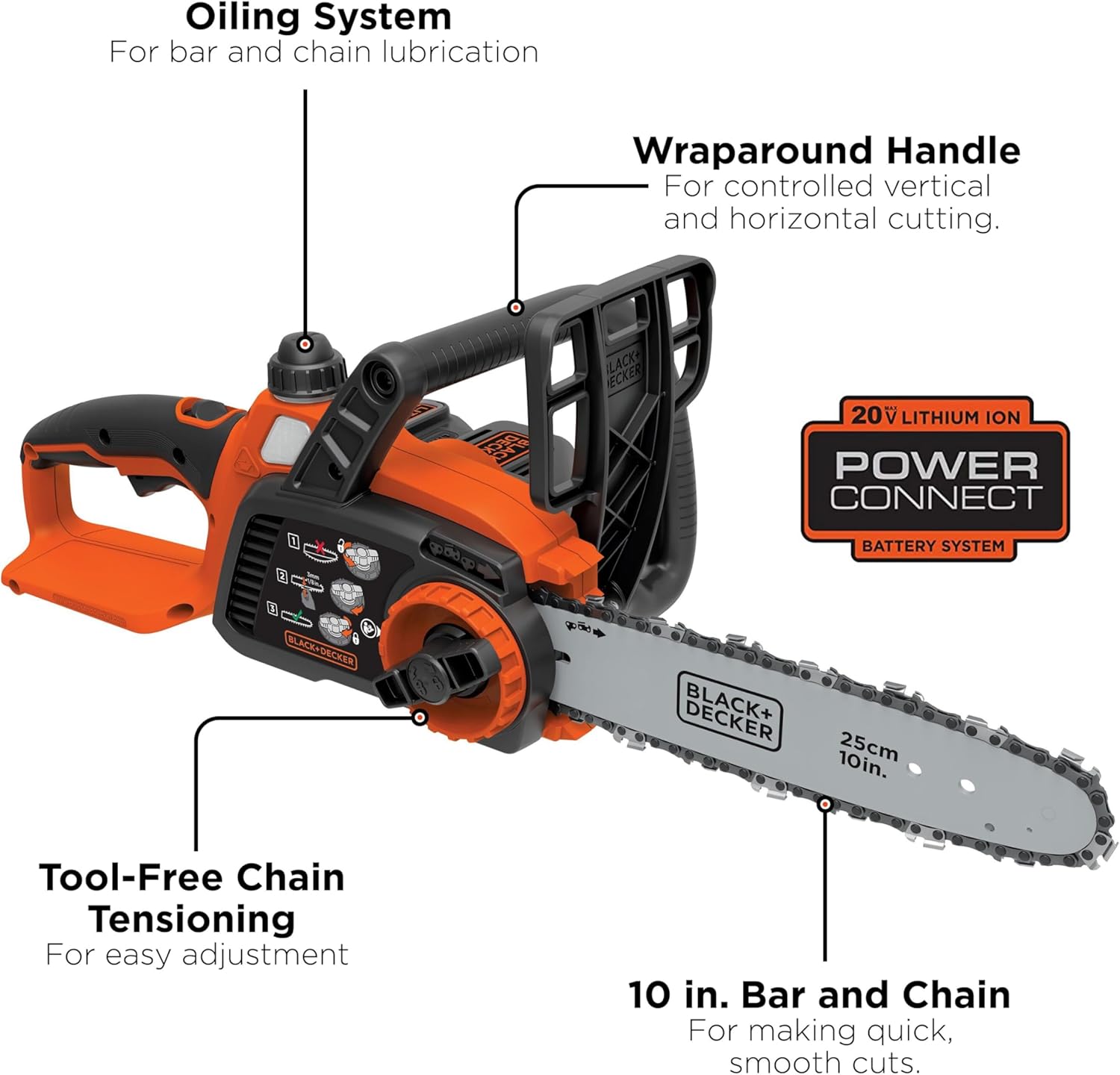 BLACK+DECKER 20V MAX Chain Saw Cordless Chainsaw, 10-Inch Battery Chainsaw, Tool Only, for Wood Cutting and Tree Pruning, Includes Guide Bar Scabbard (LCS1020B)