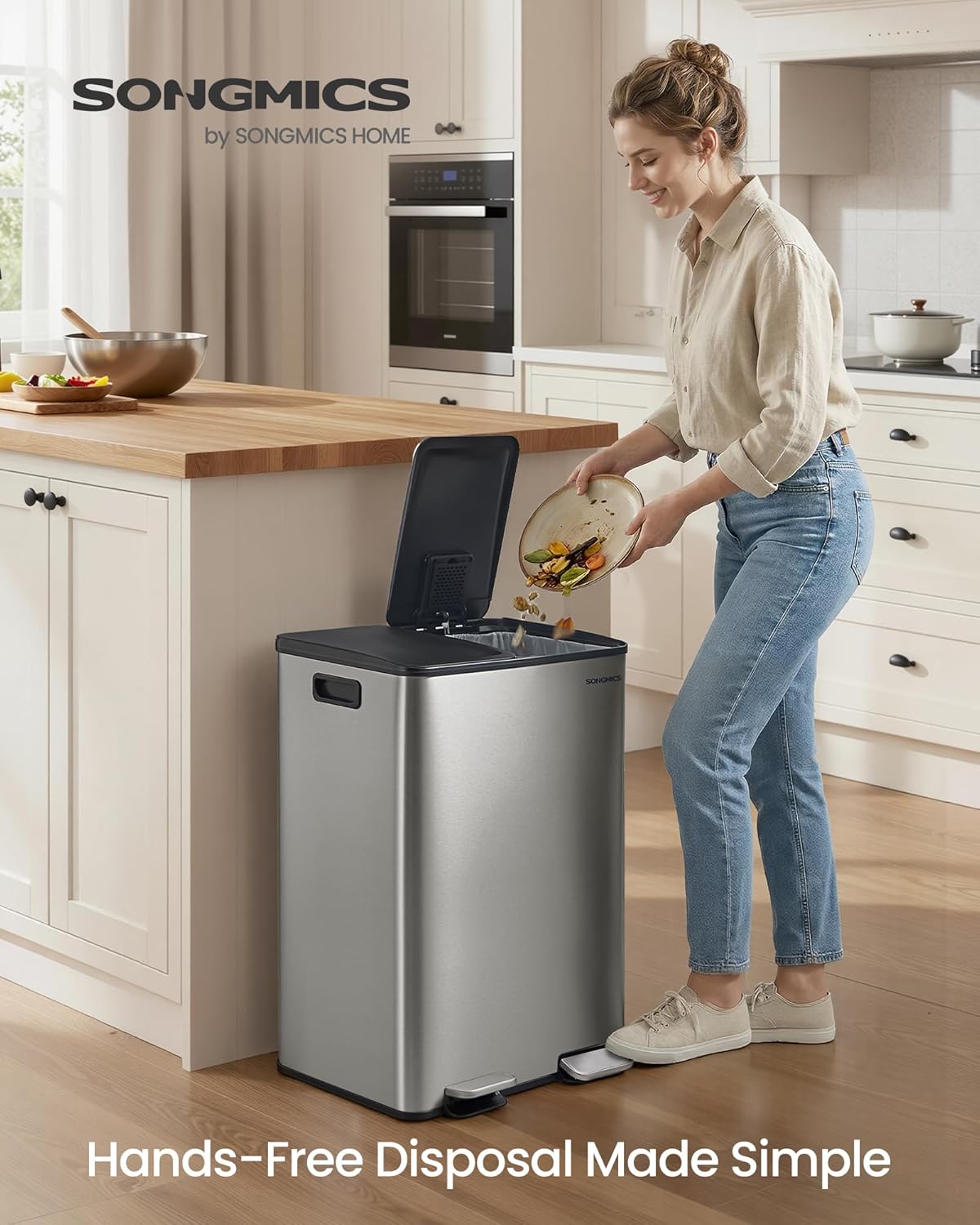 SONGMICS Trash Can, 2 x 8 Gallon (2 x 30 L) Dual-Compartment Garbage Can with Soft-Close Lid, Pedal and Inner Buckets, Stainless Steel, Includes 15 Liner Bags, Silver ULTB741EZ01