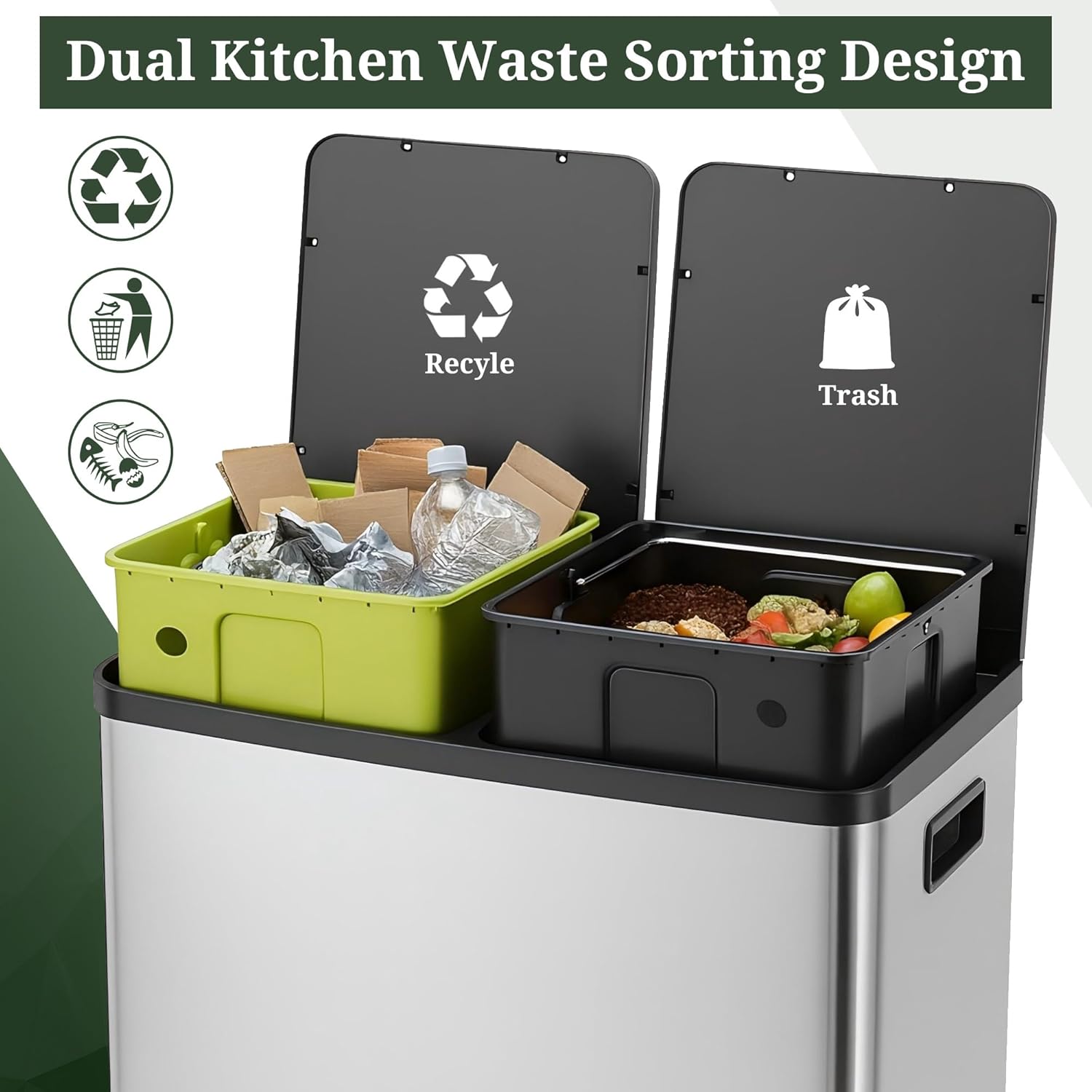 Kitchen Trash Can, 16 Gallon Dual Compartment Garbage Bin with Quiet Close Foot Pedal, Stainless Steel