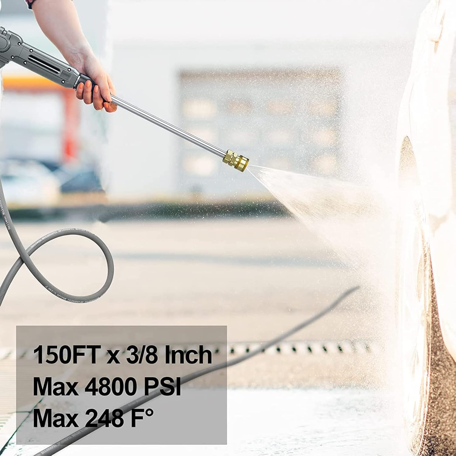 3/8'' Pressure Washer Hose 150 FT, Hot and Cold Water Power Washer Hose Max 248°F, 3/8 Quick Connect Commercial Industrial Grade Steel Wire Braided Kink Proof Extension Hose -4800 PSI