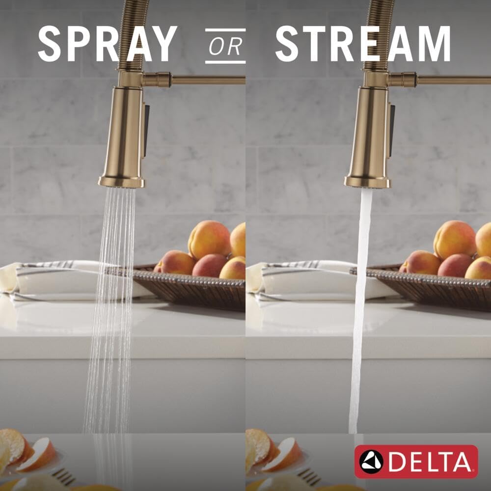 Delta Ermelo Pro Style Commercial Kitchen Faucet with Pull Down Sprayer, Single Hole Brushed Gold Kitchen Sink Faucet, Single Handle, Champagne Bronze 18887-CZ-DST