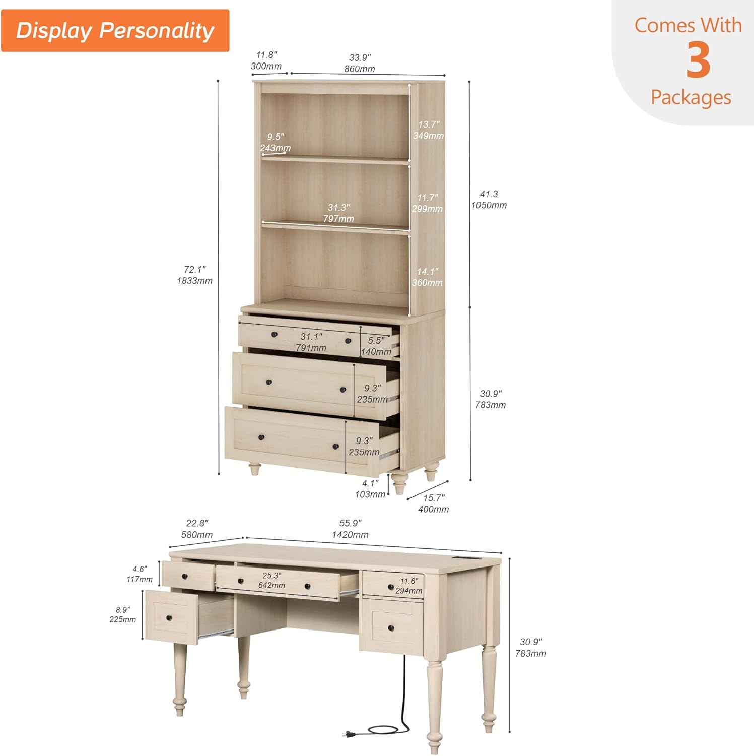 WAMPAT Home Office Furniture Set, 56'' Executive Desk with Charging Station, 72