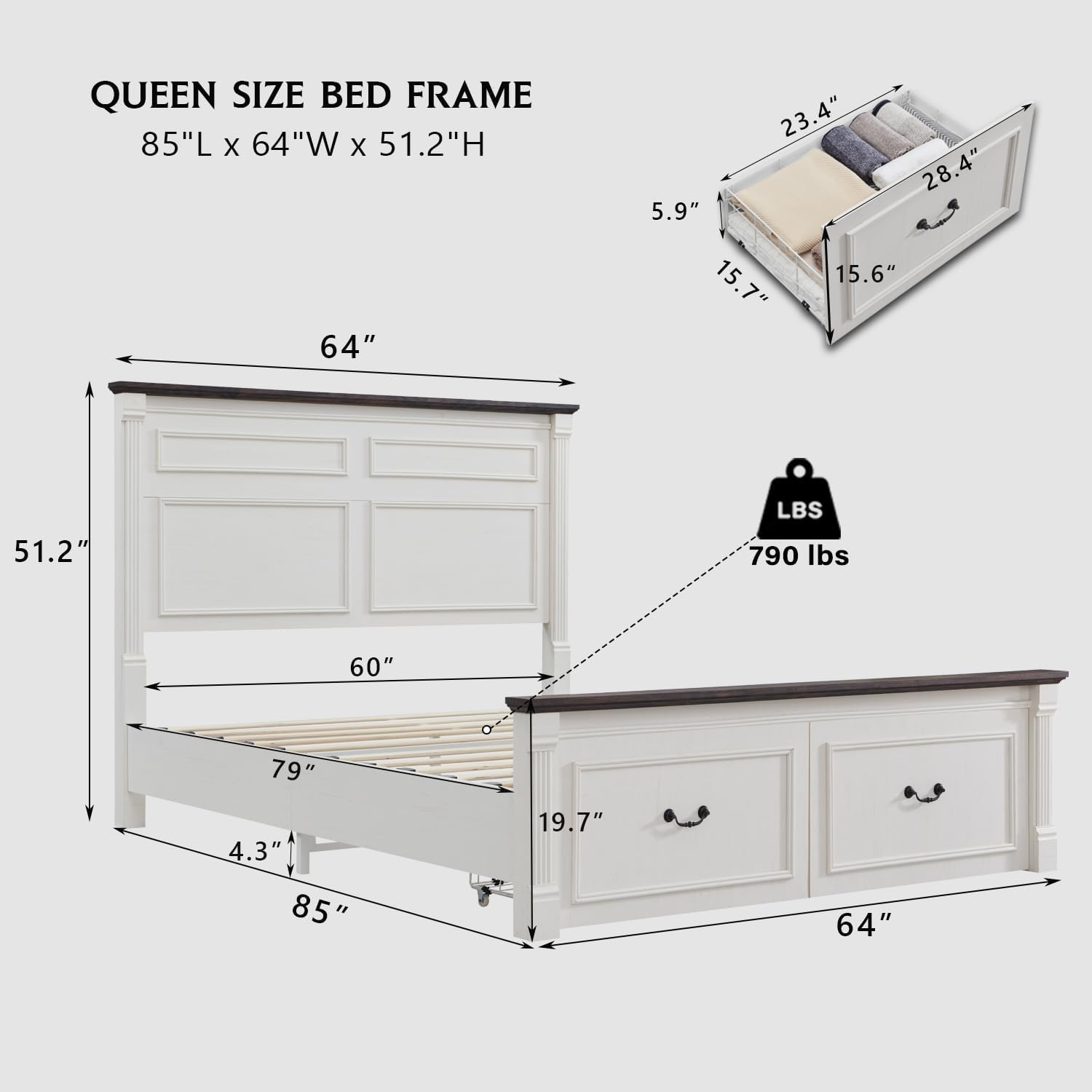 Aitjunz Farmhouse Queen Size Bed Frame with 51
