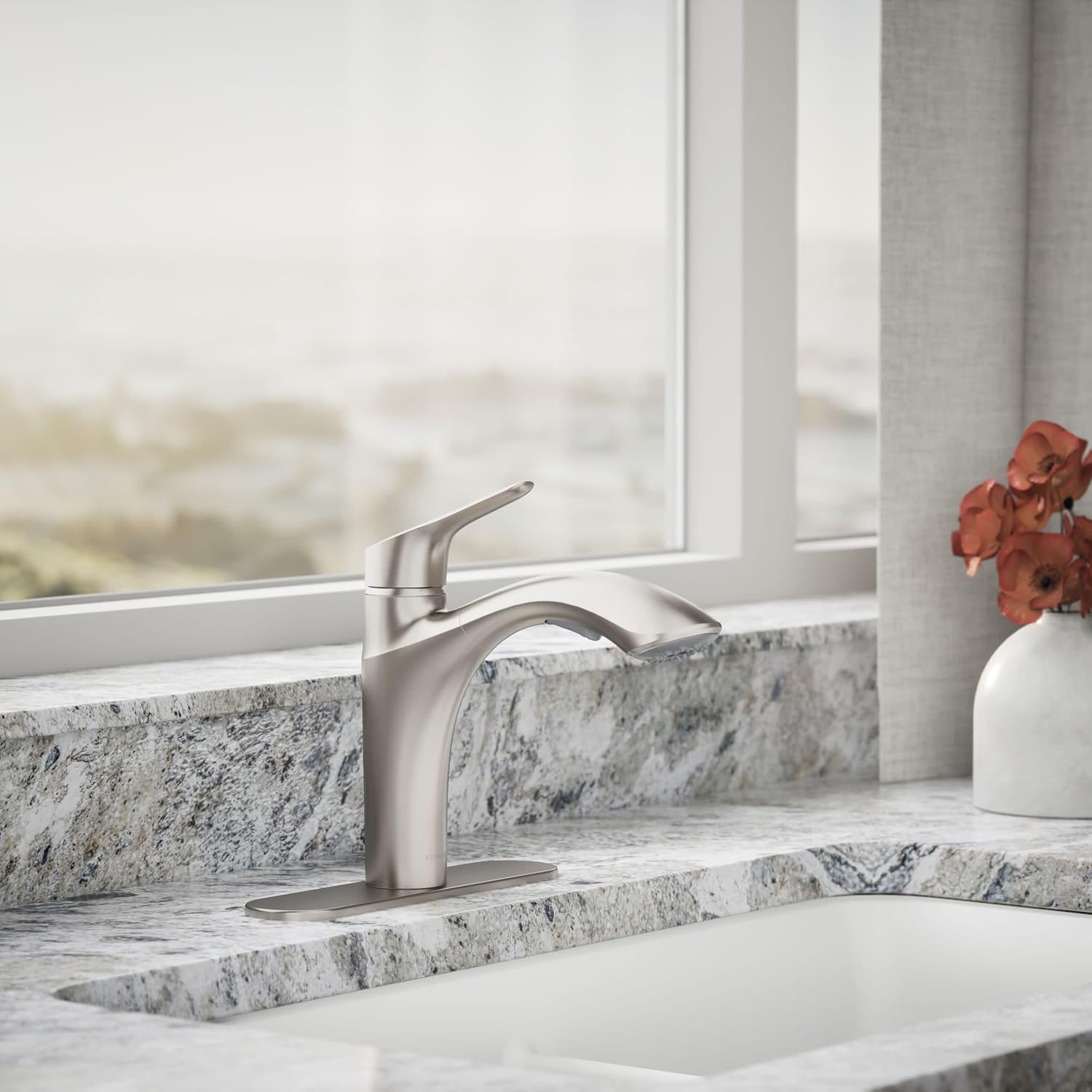 KOHLER 30468-VS Rival Single Handle Pull-Out Kitchen Sink Faucet, 1.5 GPM, High-Arch Swing Spout, Two-Function Sprayhead, Vibrant Stainless