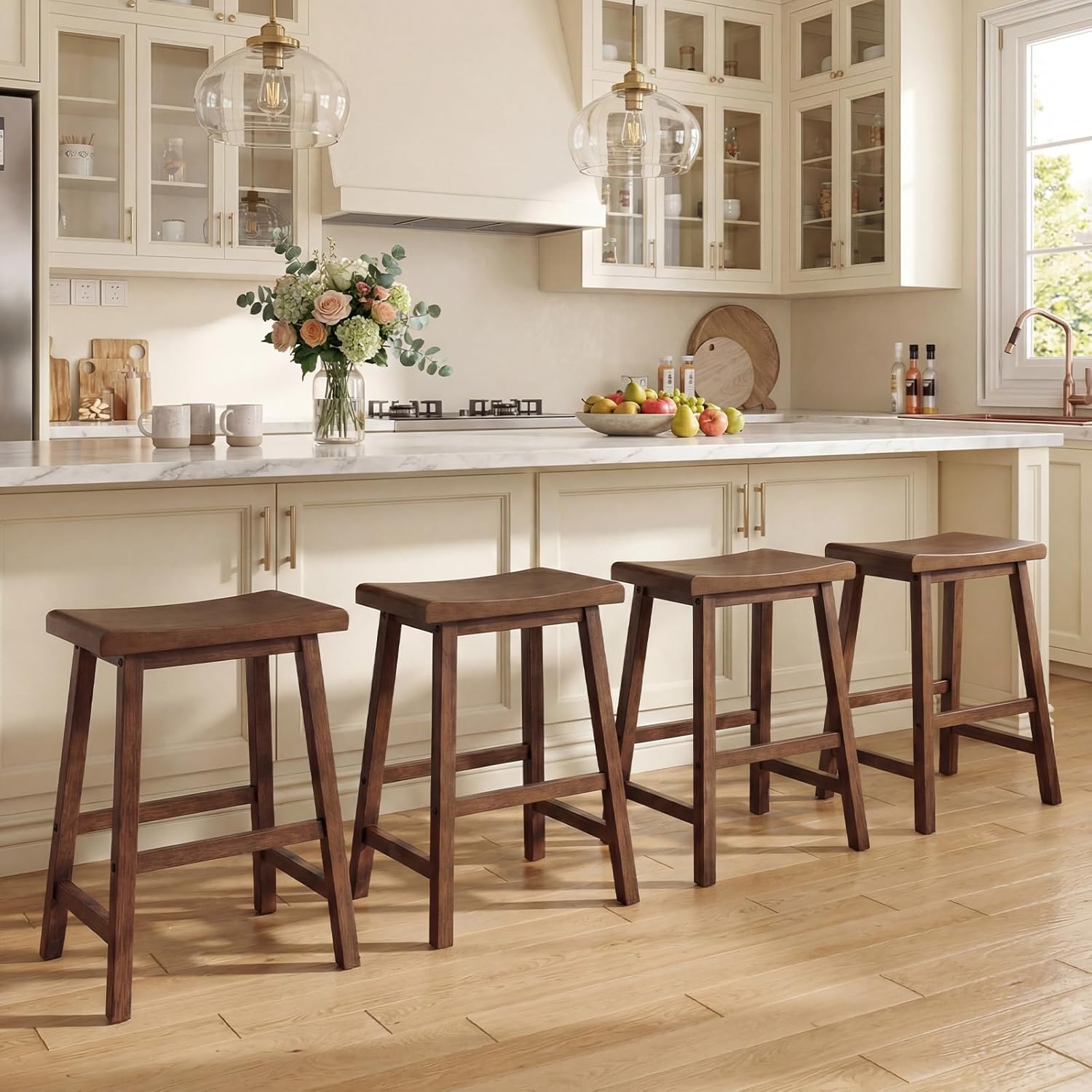 COSTWAY Solid Wood Saddle Stools Set of 4, 24-inch Height Backless Counter Chairs with Footrests, Mid-Century Modern Wooden Barstools for Kitchen Island Dining Room Pub Bistro Bar, Brown