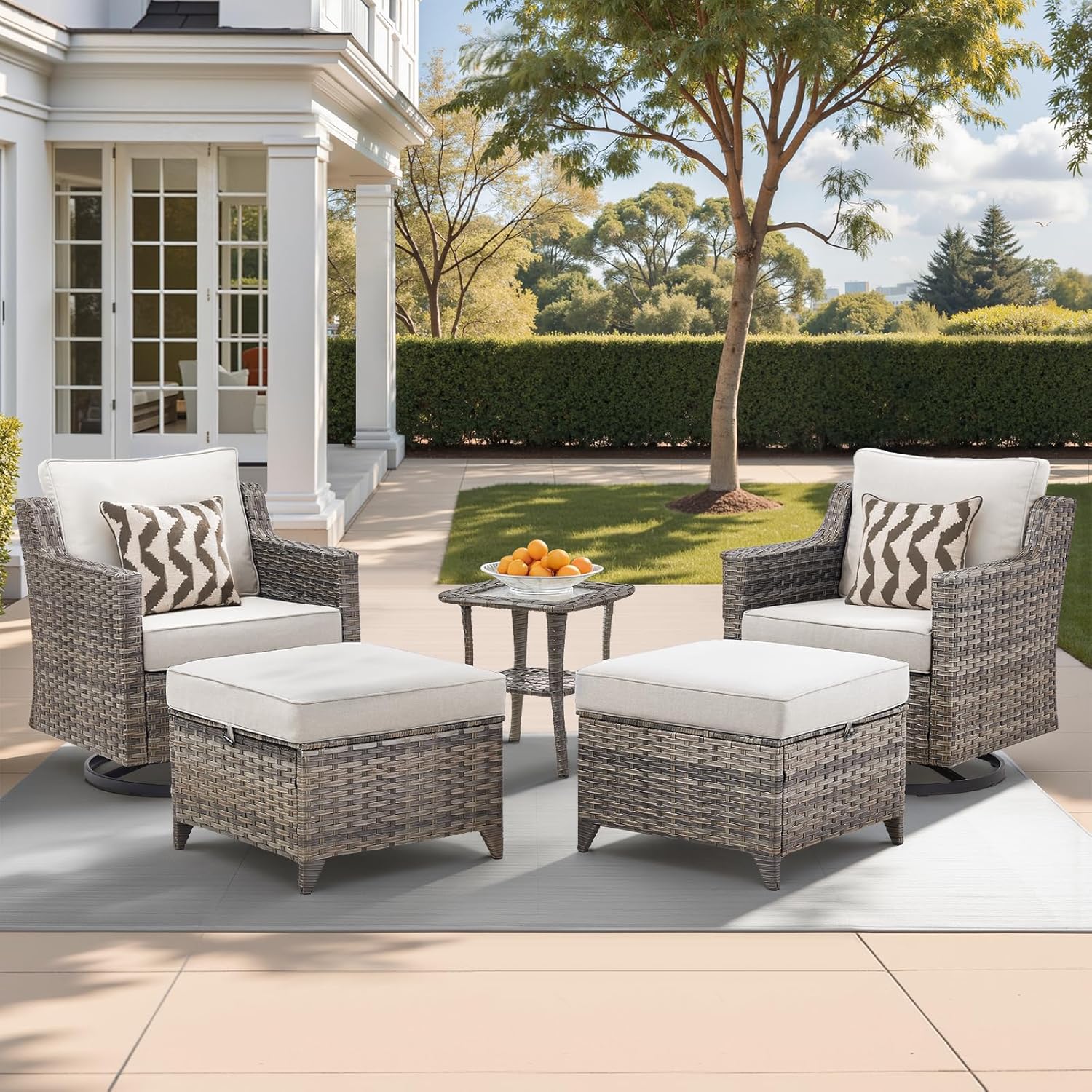 5 Piece Outdoor Patio Furniture Set – Swivel Rocker Chairs with Ottomans & Side Table, All-Weather Wicker Conversation Set with Cushions for Porch, Deck & Balcony – Grey/Beige