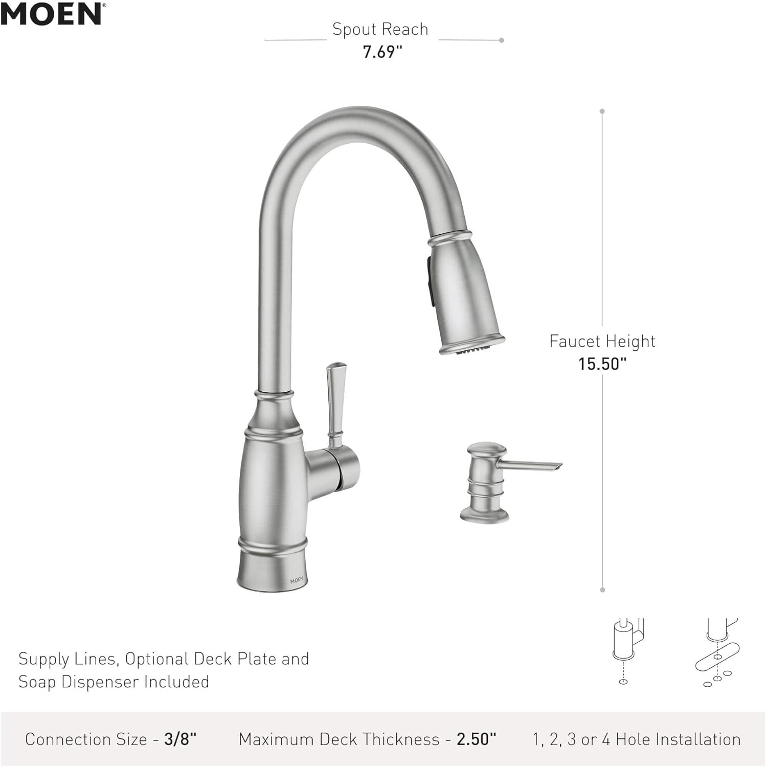 Moen Noell Mediterranean Bronze Pull‑Down Kitchen Faucet with Soap Dispenser, Featuring PowerClean and a Reflex Docking System, 87791BRB