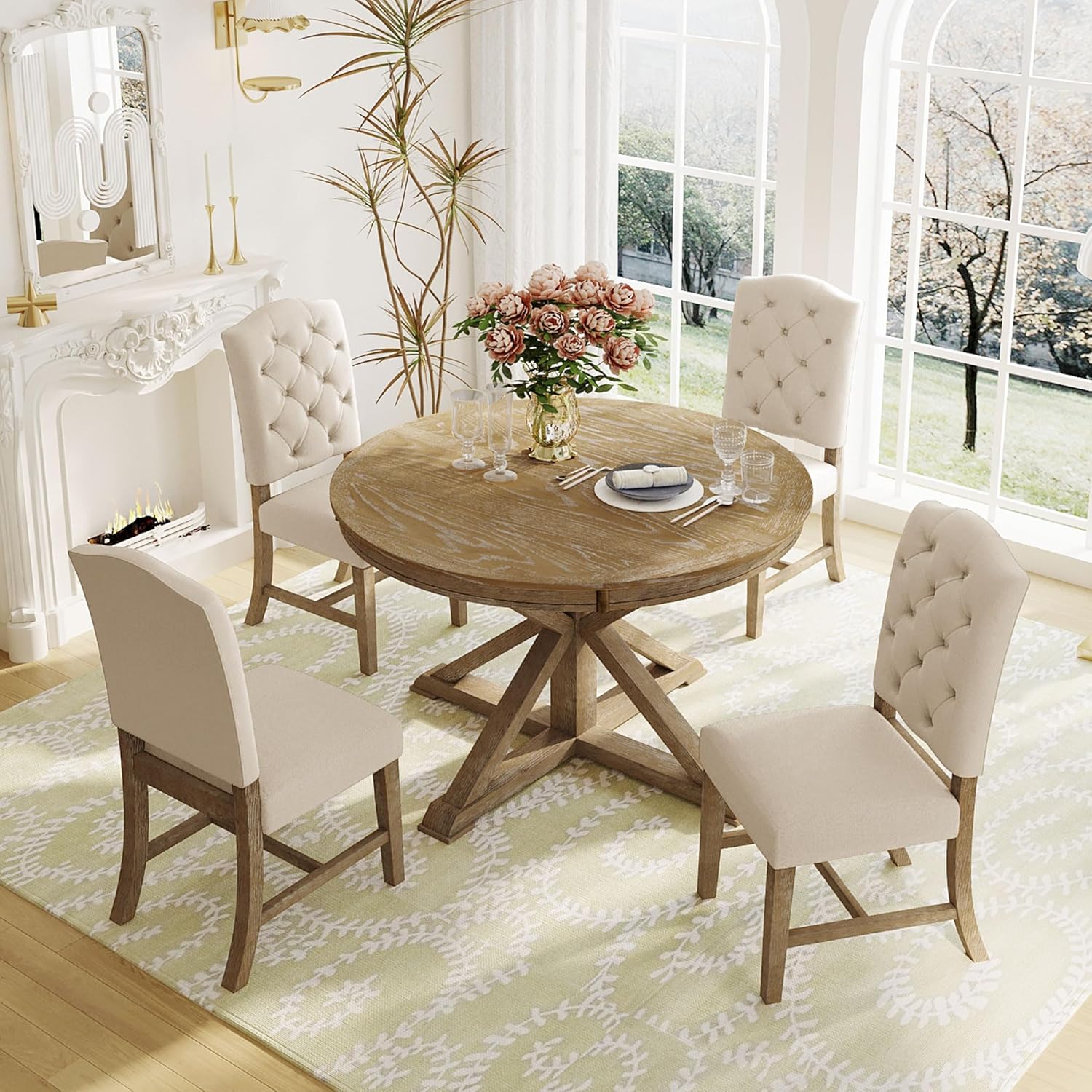 LUMISOL 5-Piece Solid Wood Dining Table Set for 4, Extendable Round Kitchen Table Set with 4 Upholstered Chairs, Farmhouse Table and Chairs Set for Kitchen, Dining Room, Living Room, Natural