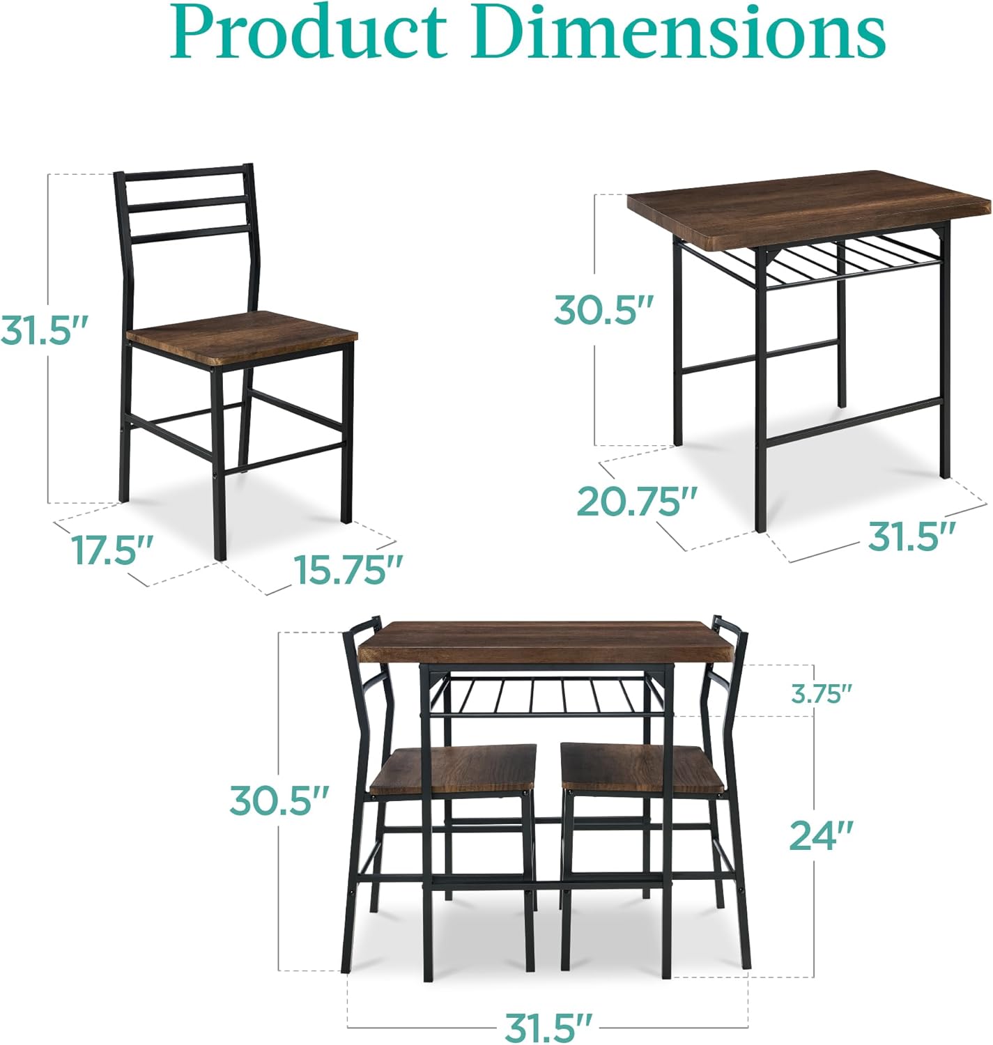 Best Choice Products 3-Piece Modern Dining Set, Space Saving Dinette for Kitchen, Dining Room, Small Space w/Steel Frame, Built-in Storage Rack - Dark Brown/Black