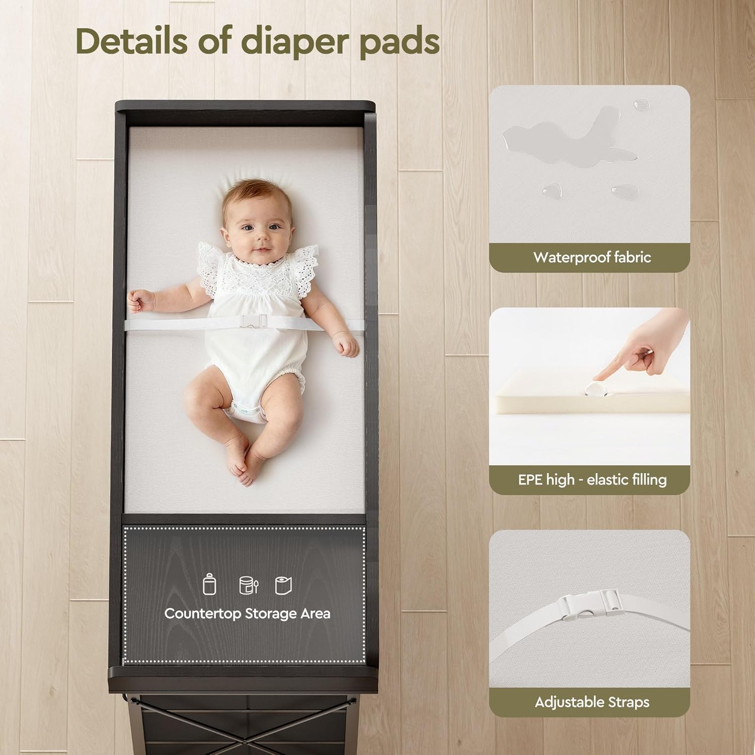 YeTom Baby Changing Table with 9 Fabric Boxes, Waterproof Diaper Changing Station & Pad, Mobile Nursery Diaper Changing Table, Baby Furniture, Black