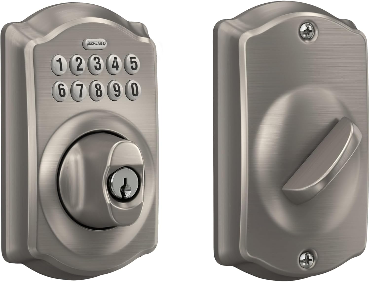 Schlage Camelot Electronic Keypad Deadbolt Lock, Keyless Front Door Entry, Mechanical Key Backup Included, Satin Nickel, BE365 V CAM 619