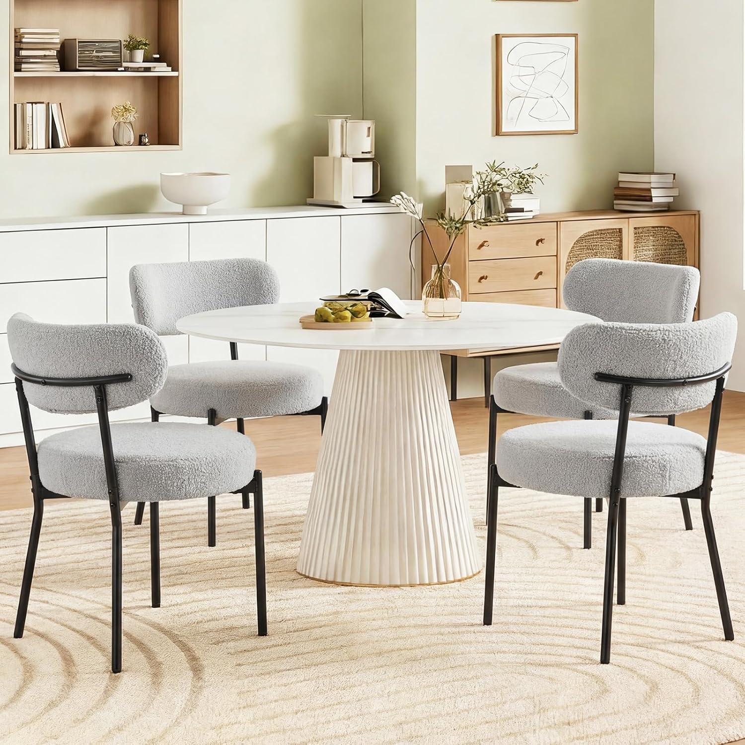 DUMOS Dining Chairs Set of 4, Mid Century Modern Chair Round Upholstered Curved Backrest, Kitchen Vanity Living Room Chairs with Black Metal Legs .Classic Grey