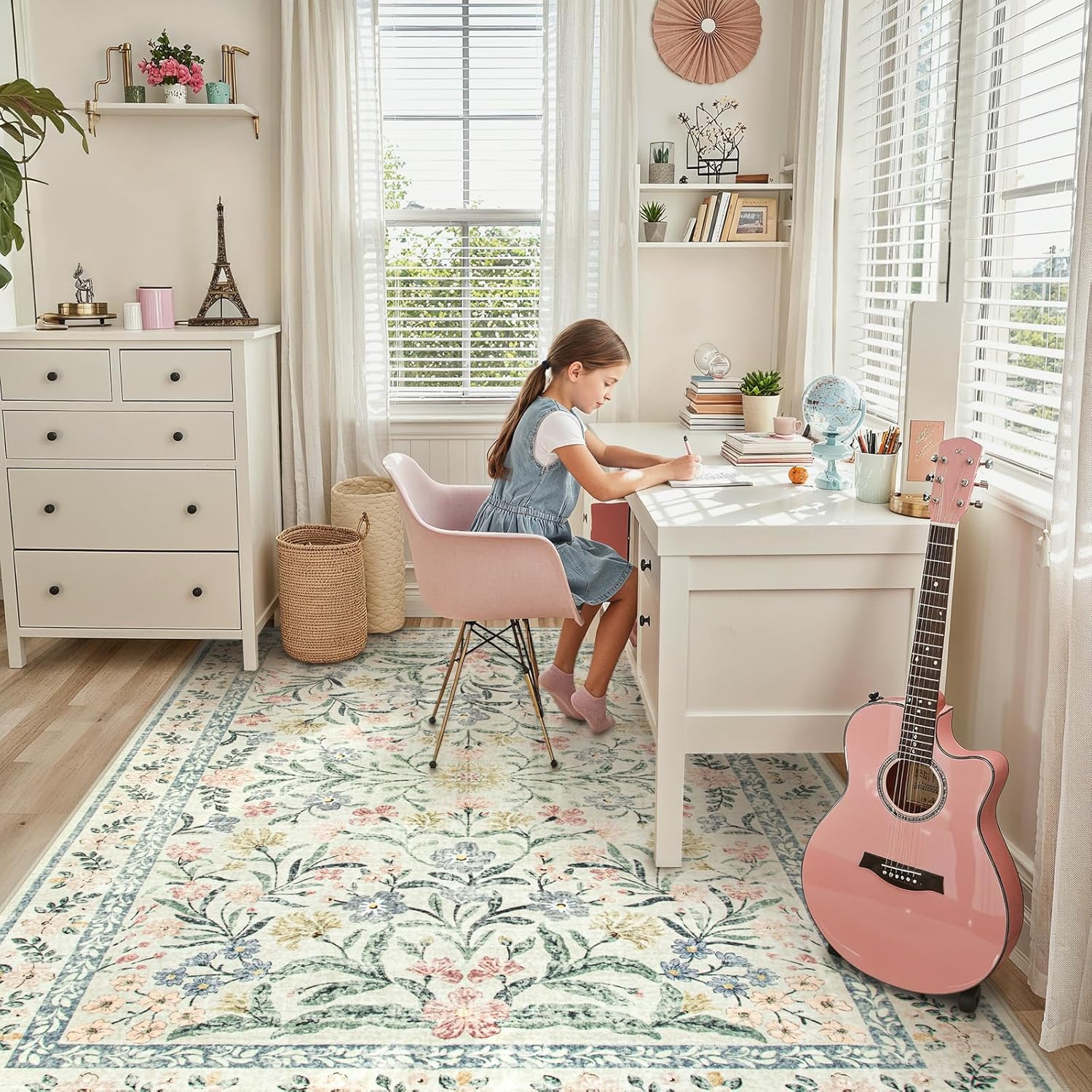 Lahome Sylvie Boho Rugs for Living Room, Washable Large 8 x 10 Area Rugs for Bedroom Non Slip, Soft Ultra-Thin Distressed Floral Throw Carpet for Office Dining Room, Cream/Multi