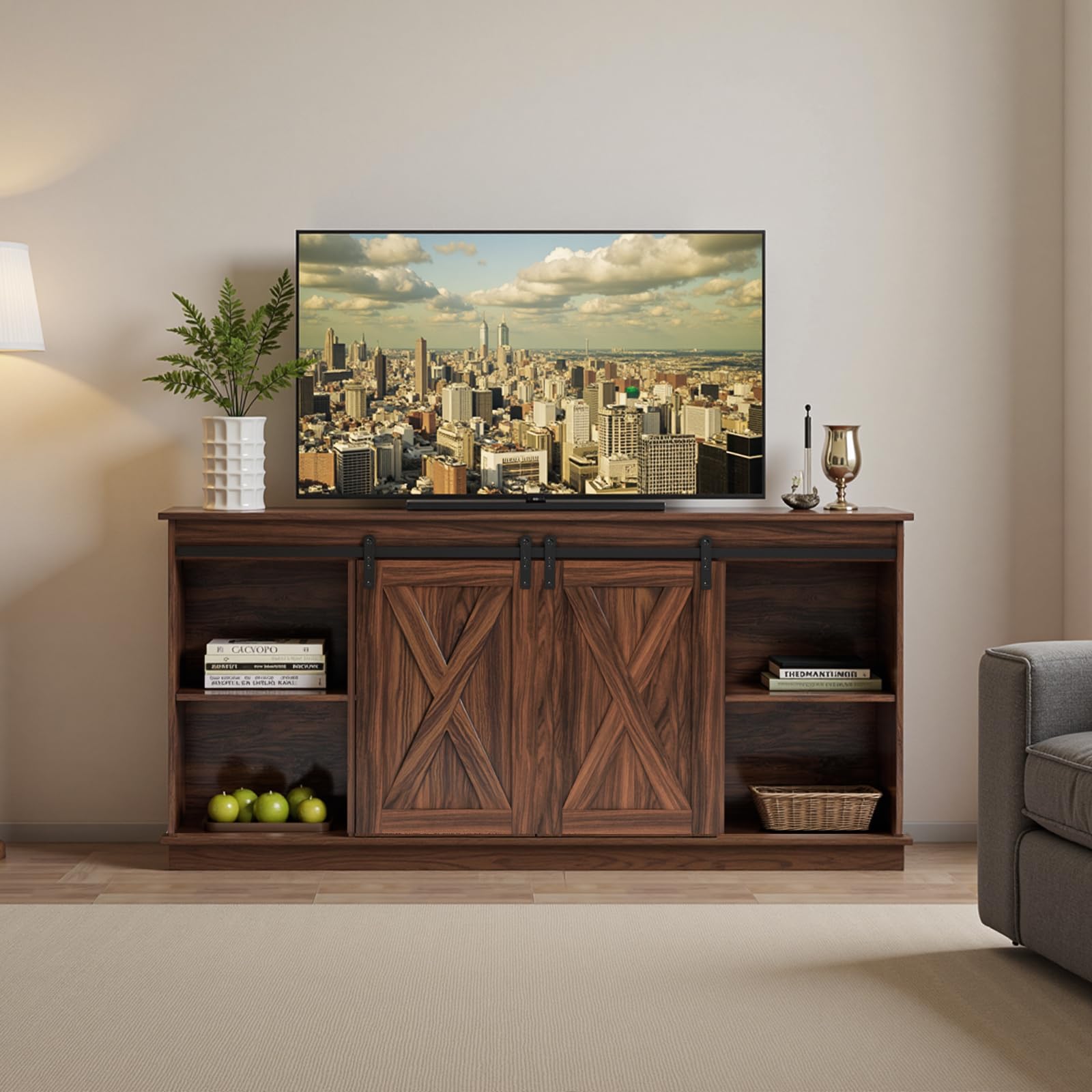 SWEETCRISPY Farmhouse 65-Inch TV Stand with Storage and Barn Door