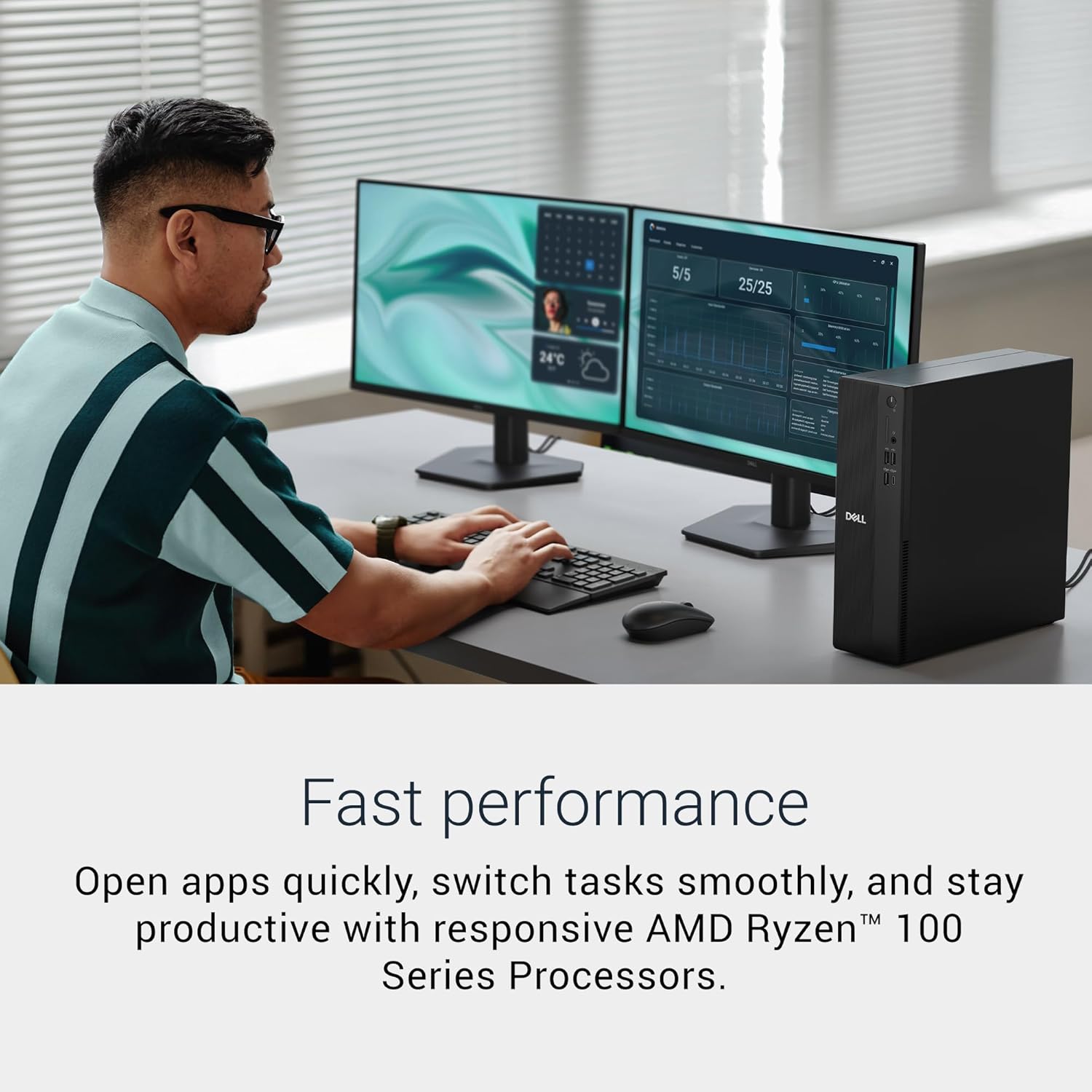 Dell Slim DS1265 AMD Desktop - AMD Ryzen™ 5 150 Processor, AMD Radeon™ 660M, 16GB DDR5 4800MT/s Memory, 512GB M.2 SSD, Dell Wired Keyboard and Mouse, Windows Home 11, Basic Onsite Service.